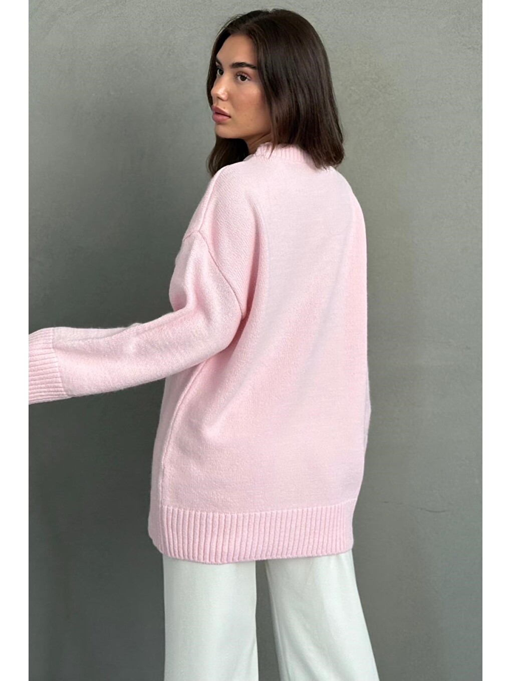 Pembe Bisiklet Yaka Oversize Uzun Kadın Triko Kazak Mg2890-4