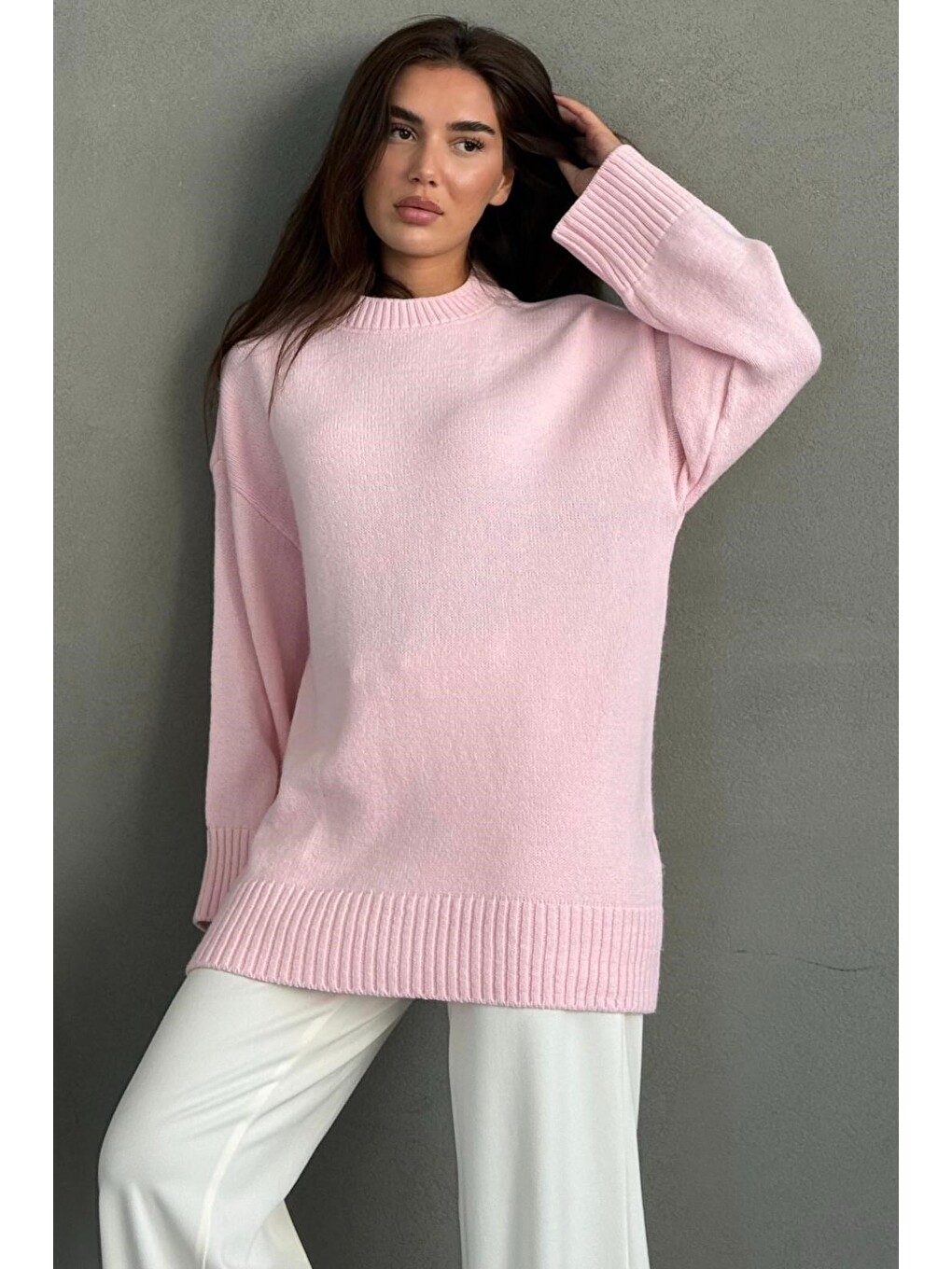 Pembe Bisiklet Yaka Oversize Uzun Kadın Triko Kazak Mg2890-5