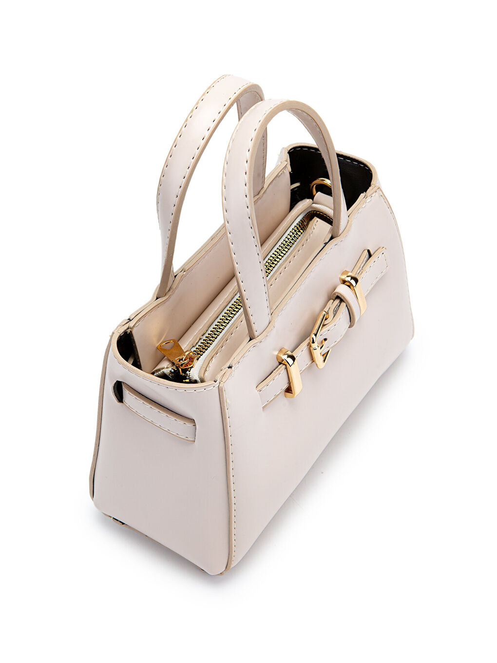 Kahverengi Kemer Detaylı Mini Nadia Kadın Çapraz Çanta Krem-3