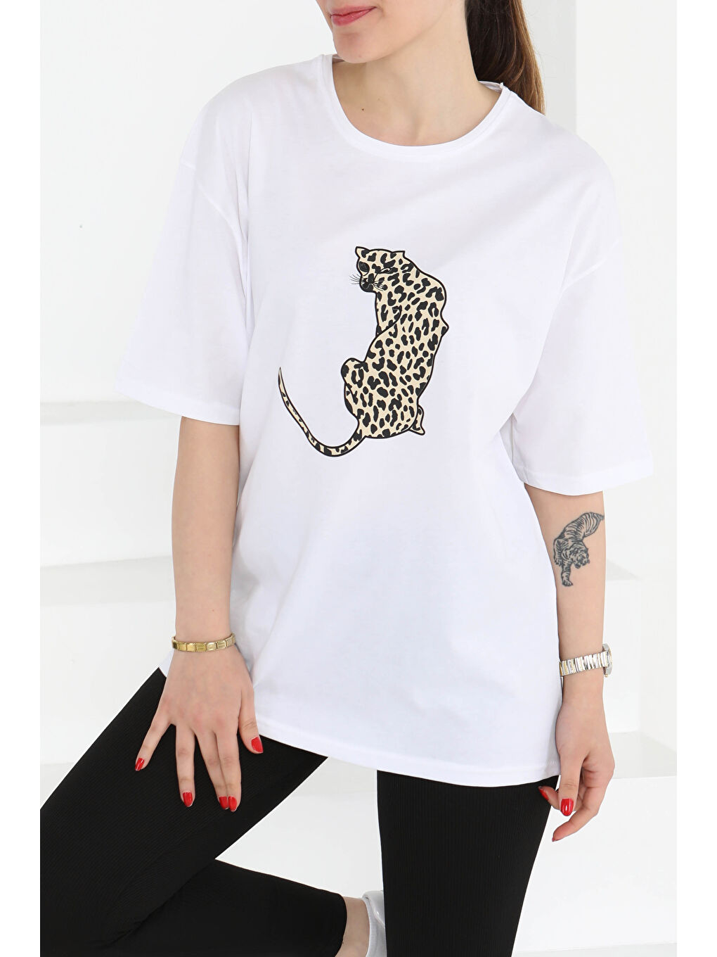 Kaplan Baskılı Kısa Kollu T-Şhirt Beyaz - 27123