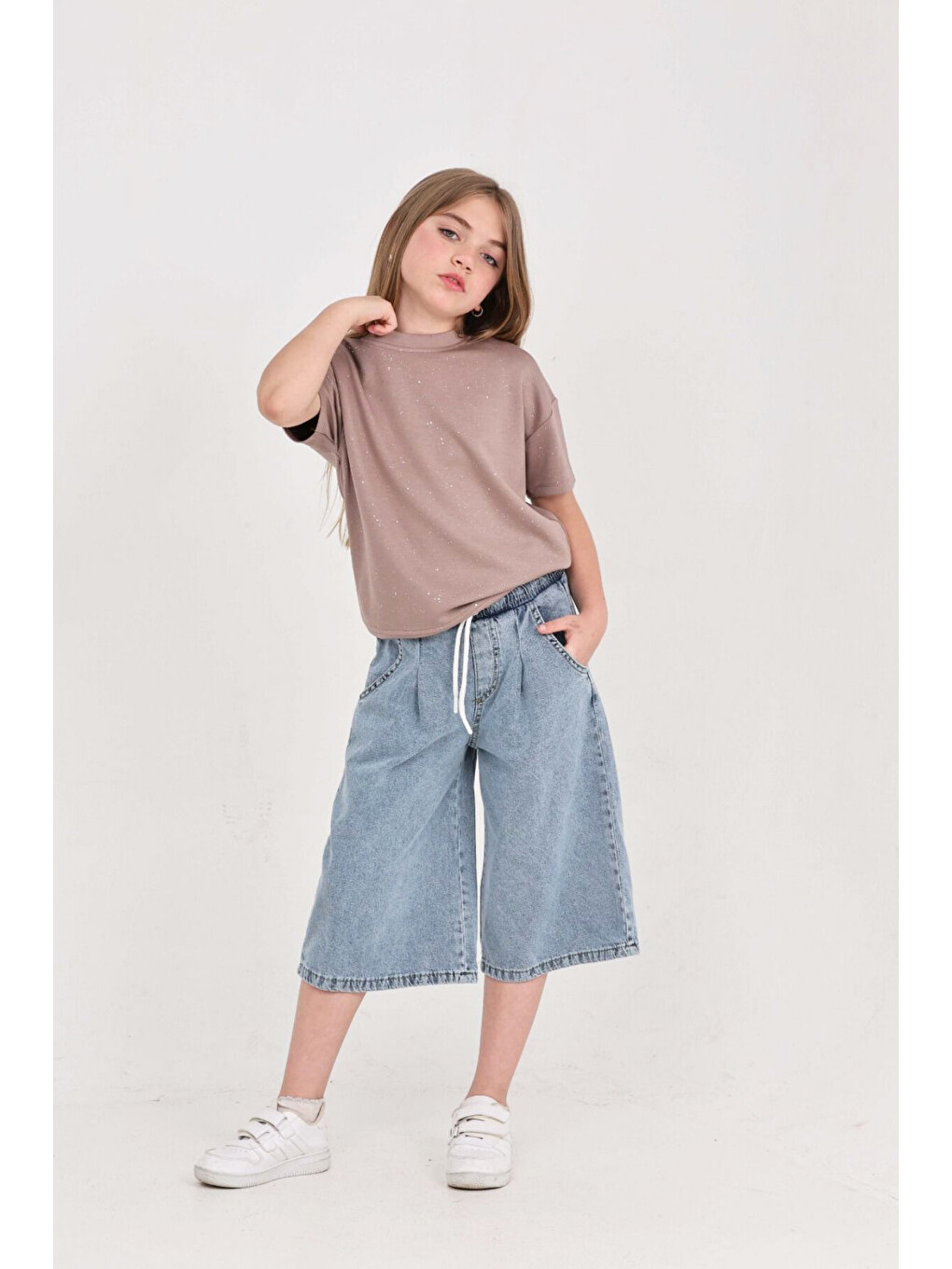 Pembe Kız Çocuk Jean Kaprili 2'li Alt-Üst Takım 7-12 Yaş 12673SK