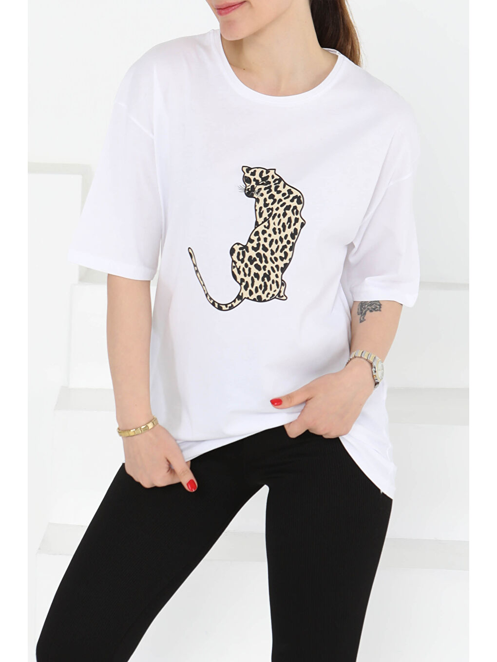 Kaplan Baskılı Kısa Kollu T-Şhirt Beyaz - 27123-2