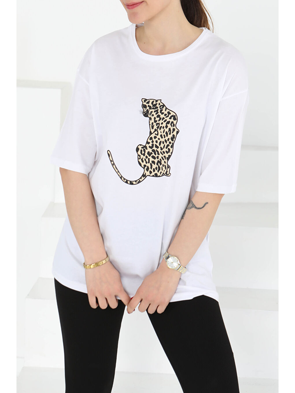 Kaplan Baskılı Kısa Kollu T-Şhirt Beyaz - 27123-3