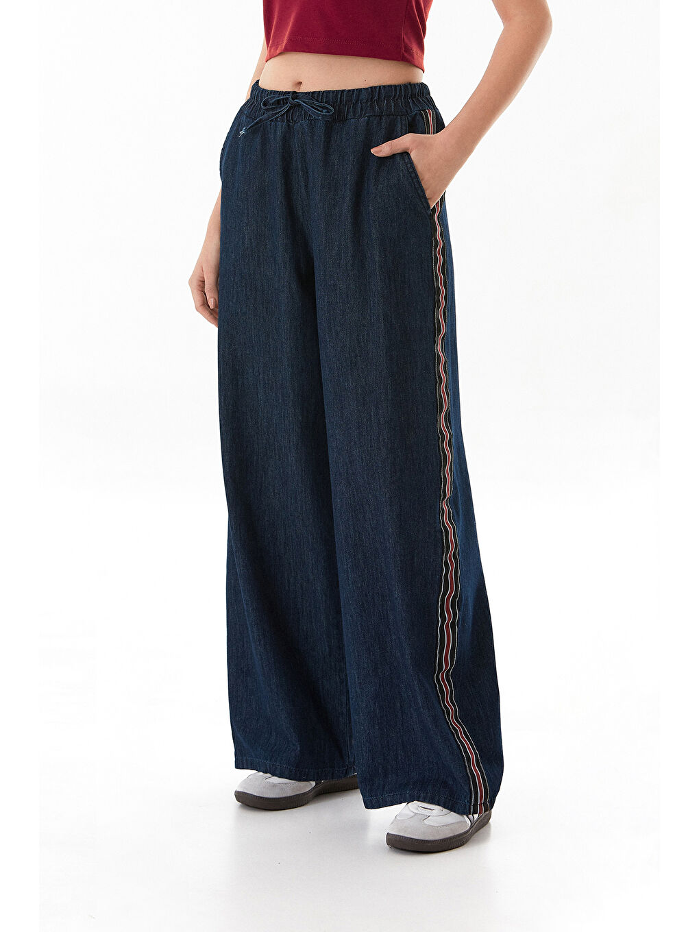Lacivert Beli Bağlamalı Yanları Şeritli Wide Leg Jean-1