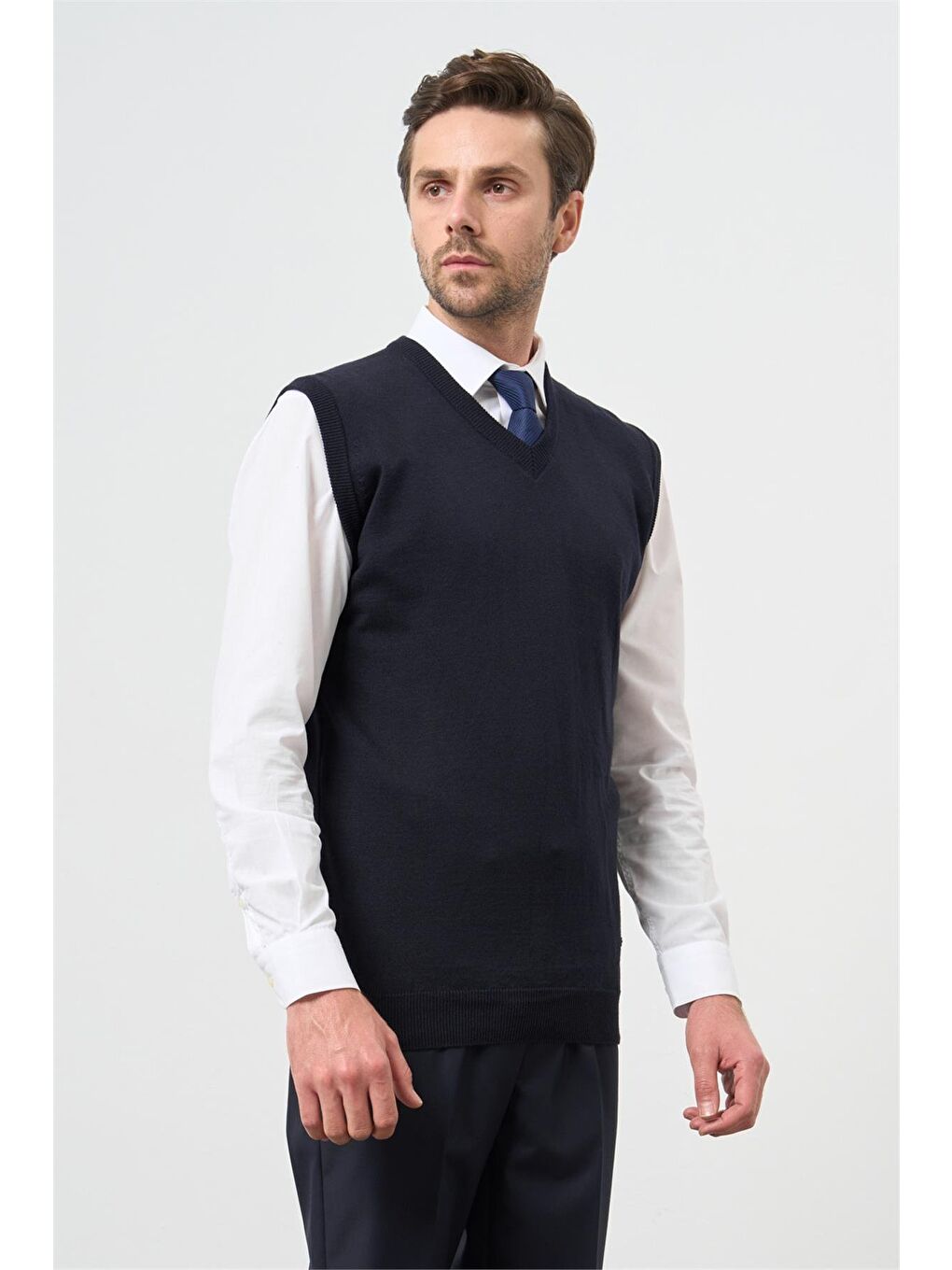 Koyu Lacivert Düz Örme V Yaka Classic Comfort Fit Triko 1012245003