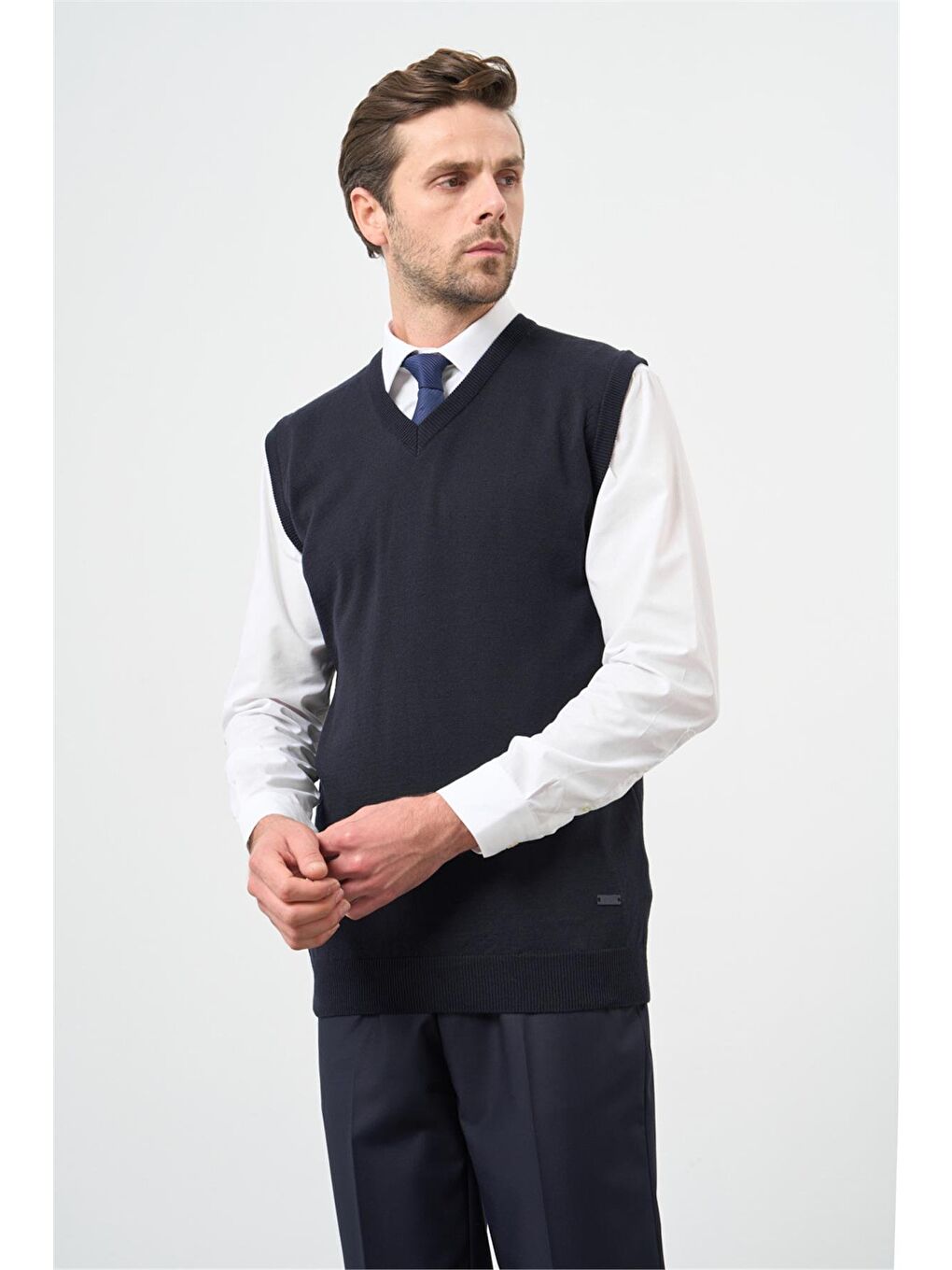 Koyu Lacivert Düz Örme V Yaka Classic Comfort Fit Triko 1012245003-1