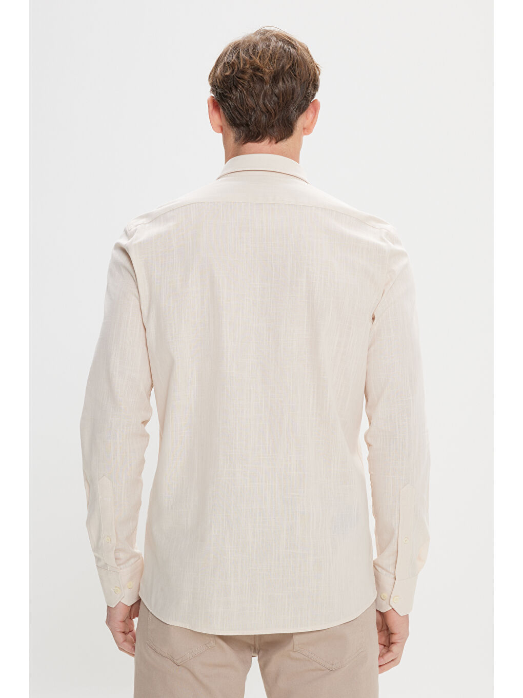 Erkek Bej %100 Pamuk Oxford Slim Fit Dar Kesim Düğmeli Yaka Flamlı Gömlek-5