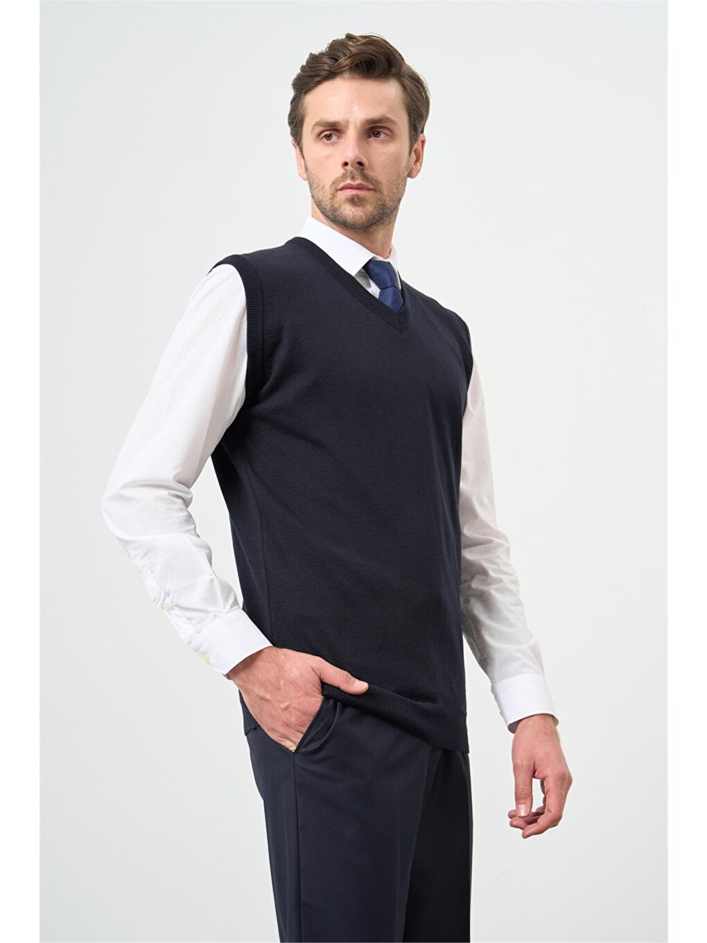 Koyu Lacivert Düz Örme V Yaka Classic Comfort Fit Triko 1012245003-2