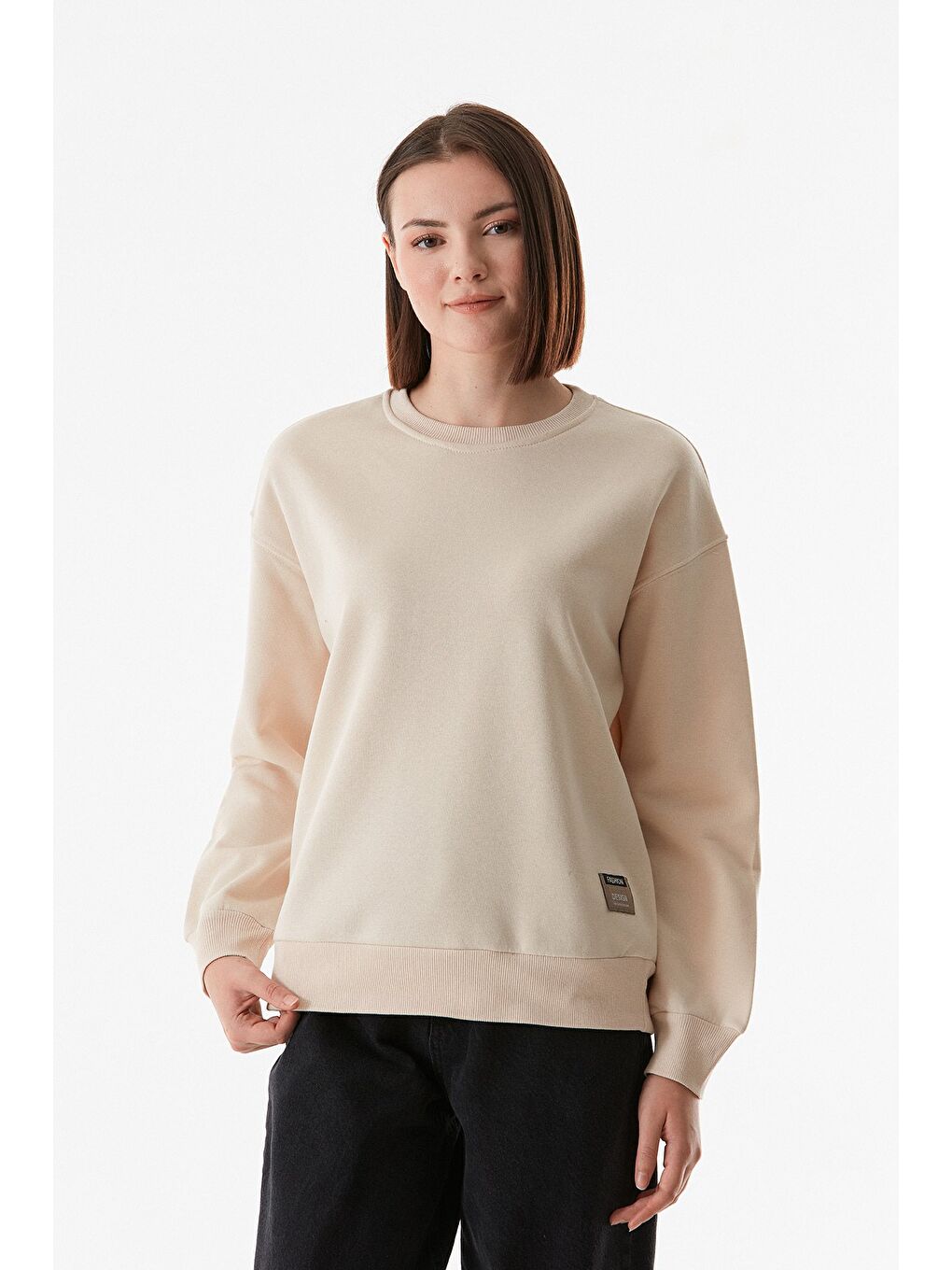 Fullamoda Bej Basic Bisiklet Yaka Sweatshirt