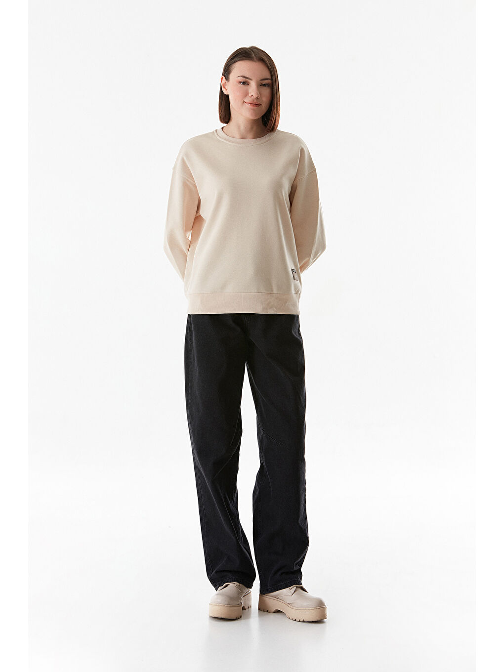 Fullamoda Bej Basic Bisiklet Yaka Sweatshirt - 1