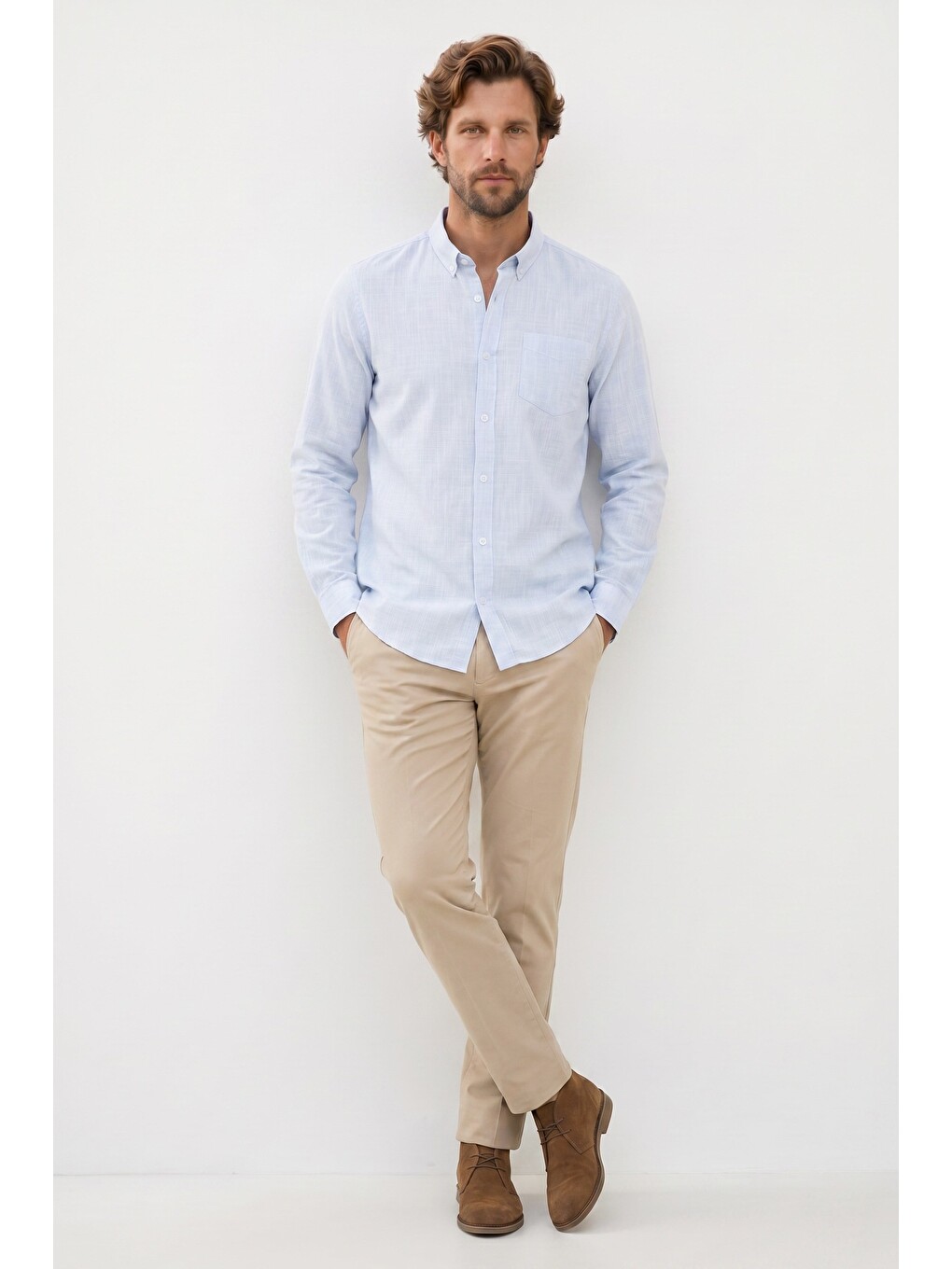 Erkek Slim Fit Dar Kesim Uzun Kollu %100 Pamuk Keten Efektli Düğmeli Yaka Rahat Mavi Gömlek-1