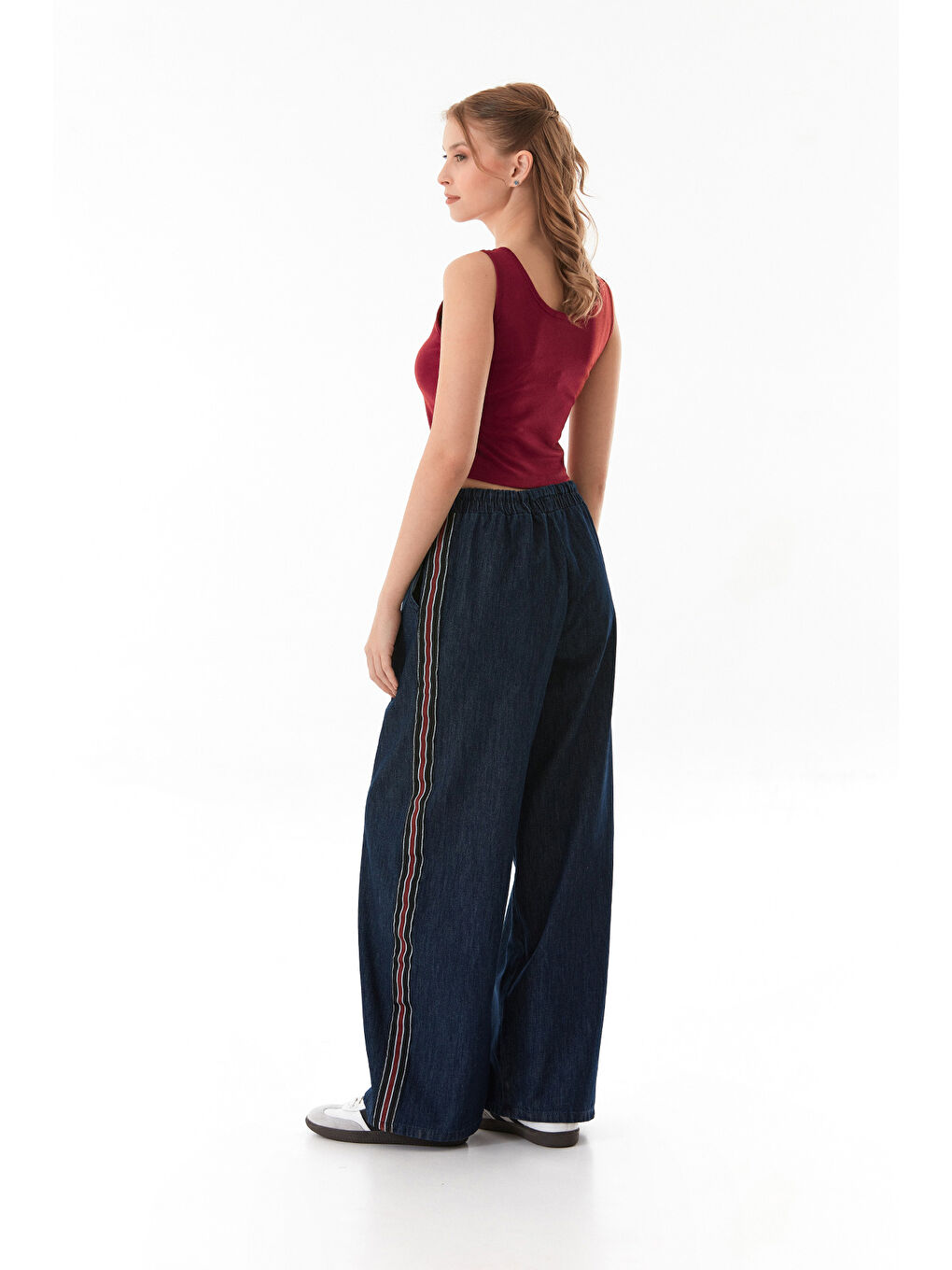 Lacivert Beli Bağlamalı Yanları Şeritli Wide Leg Jean-2