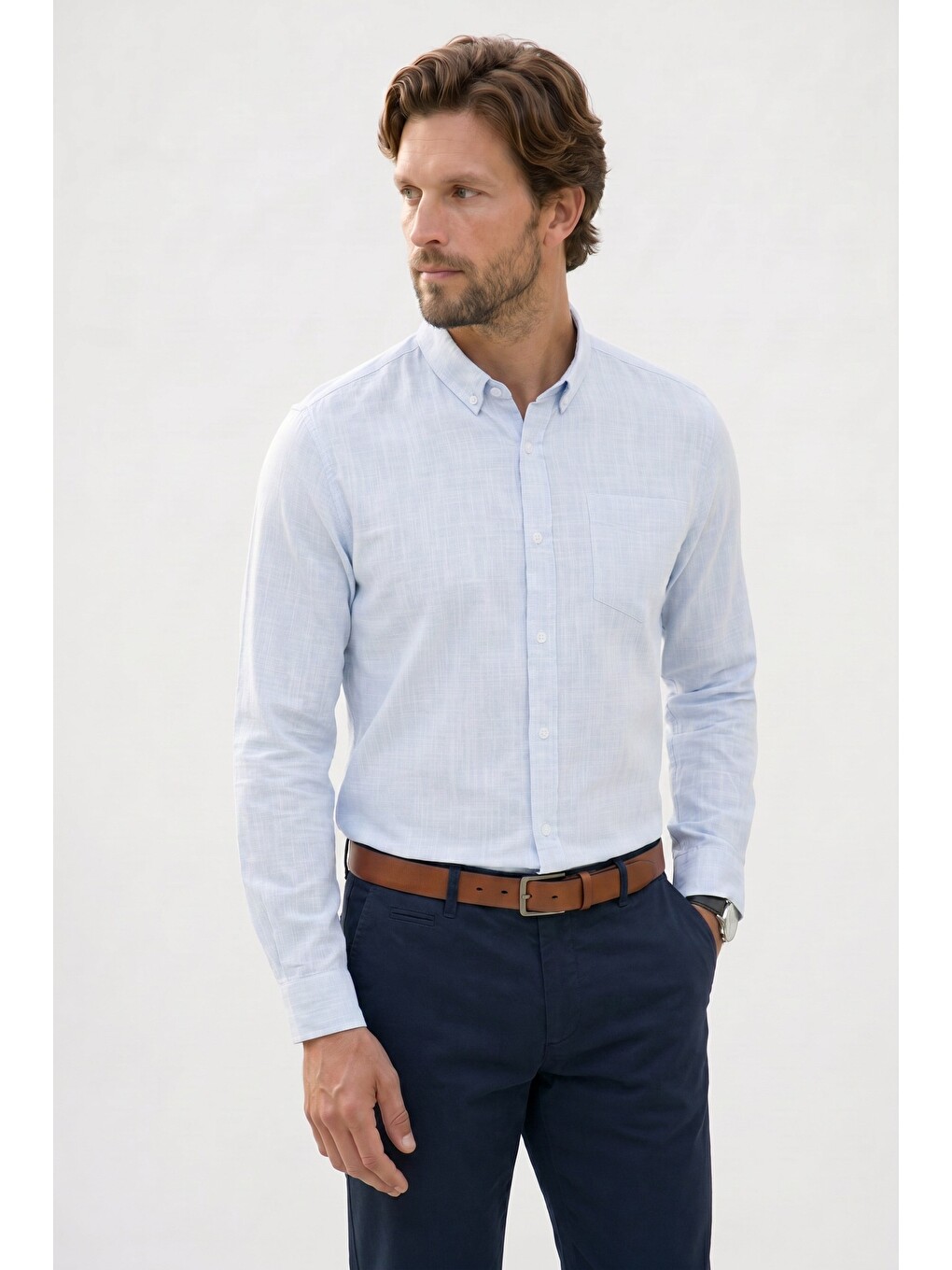 Erkek Slim Fit Dar Kesim Uzun Kollu %100 Pamuk Keten Efektli Düğmeli Yaka Rahat Mavi Gömlek-2