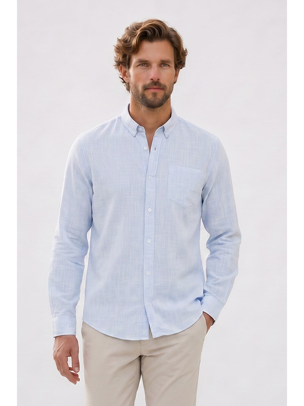 Erkek Slim Fit Dar Kesim Uzun Kollu %100 Pamuk Keten Efektli Düğmeli Yaka Rahat Mavi Gömlek-3