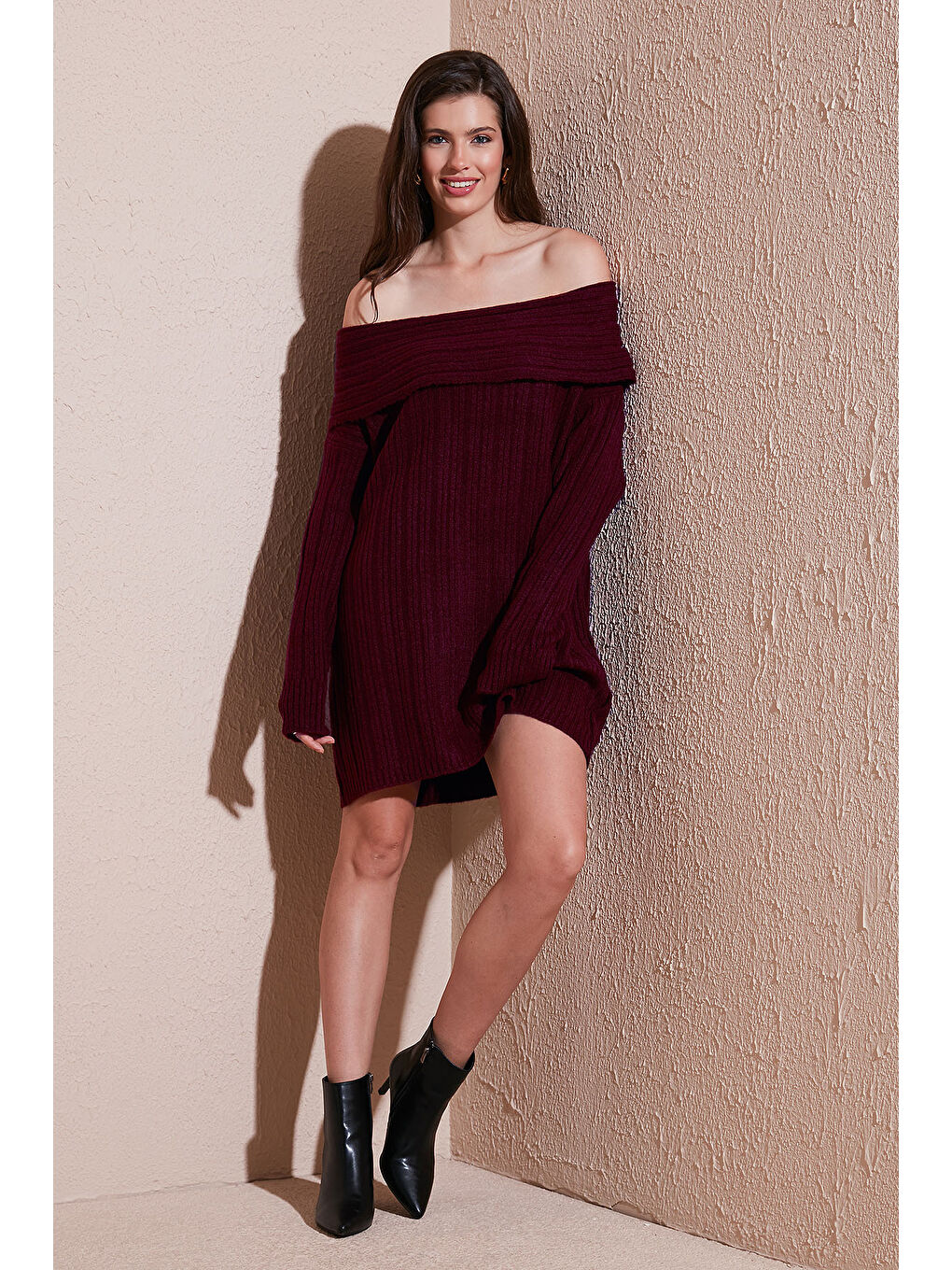 Bordo Oversize Fit Kayık Yaka Uzun Kollu Mini Triko Kadın Elbise 4615218