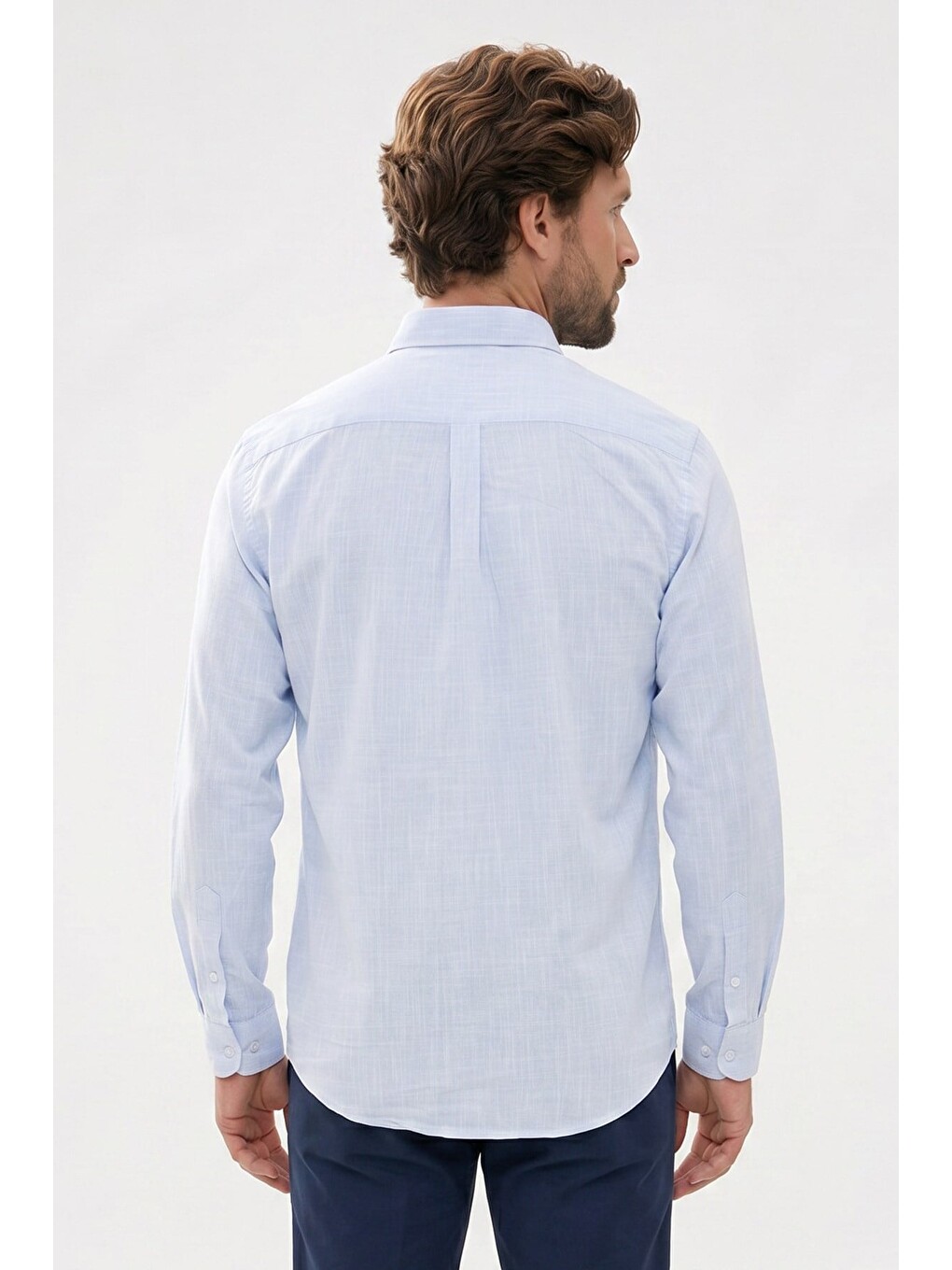 Erkek Slim Fit Dar Kesim Uzun Kollu %100 Pamuk Keten Efektli Düğmeli Yaka Rahat Mavi Gömlek-6
