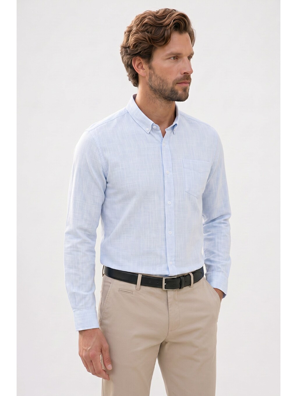 Erkek Slim Fit Dar Kesim Uzun Kollu %100 Pamuk Keten Efektli Düğmeli Yaka Rahat Mavi Gömlek-7