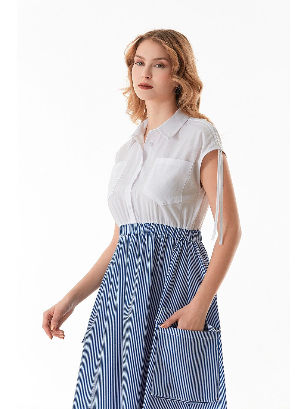 Mavi Çizgili Omzu Büzgülü Gömlek Elbise-1