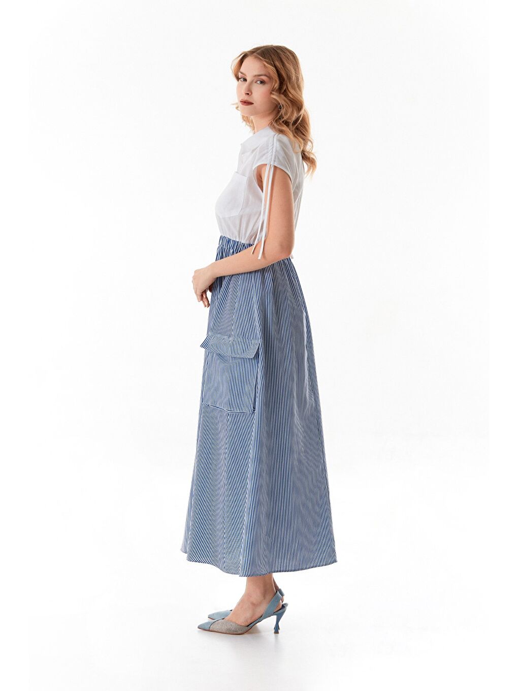 Mavi Çizgili Omzu Büzgülü Gömlek Elbise-2