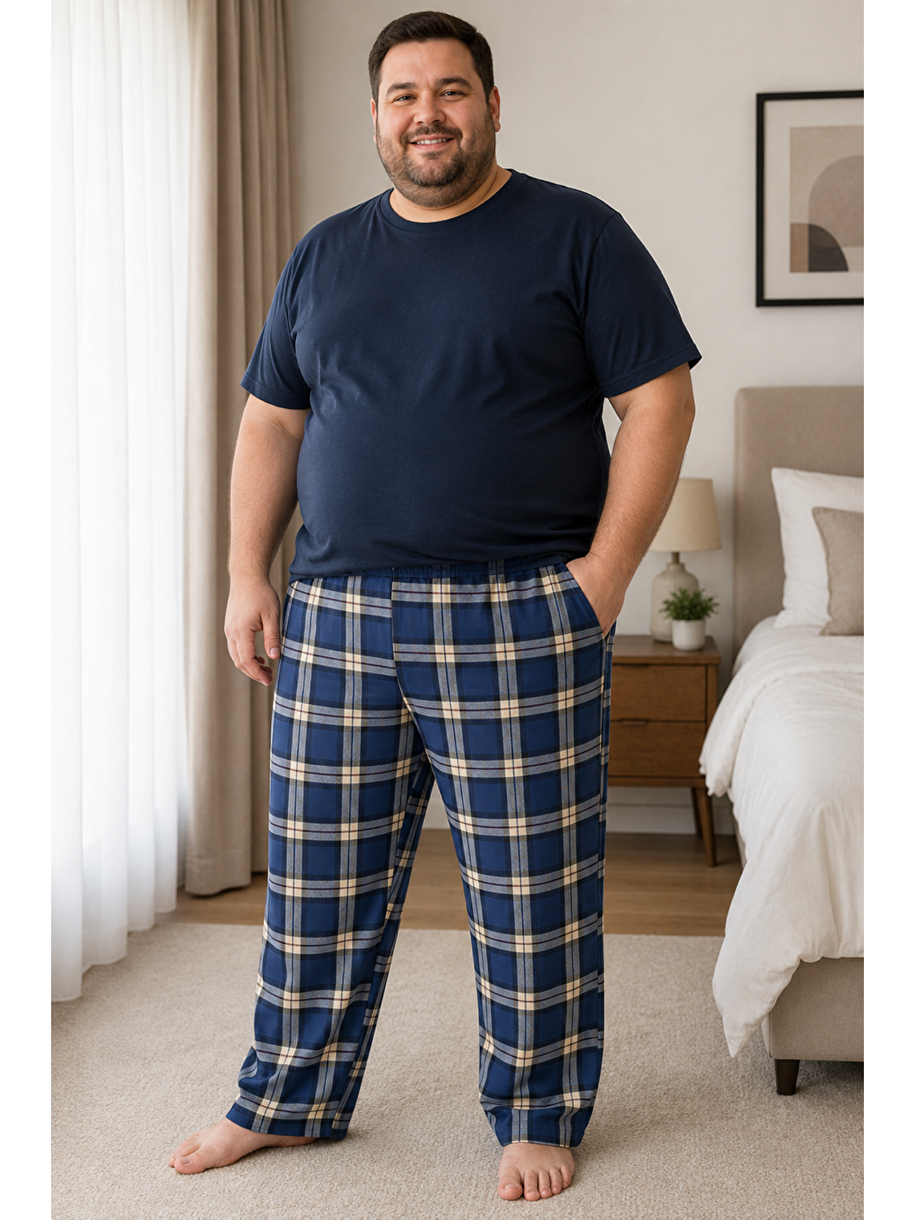 Lacivert Erkek %100 Doğal Organik Pamuk Büyük Beden Ekose Cepli Kaliteli Battal Pijama Altı