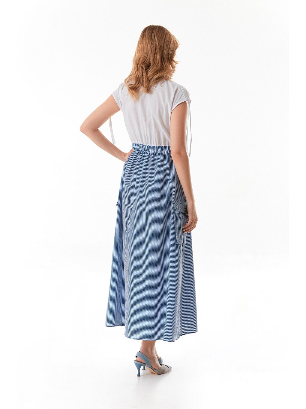 Mavi Çizgili Omzu Büzgülü Gömlek Elbise-3