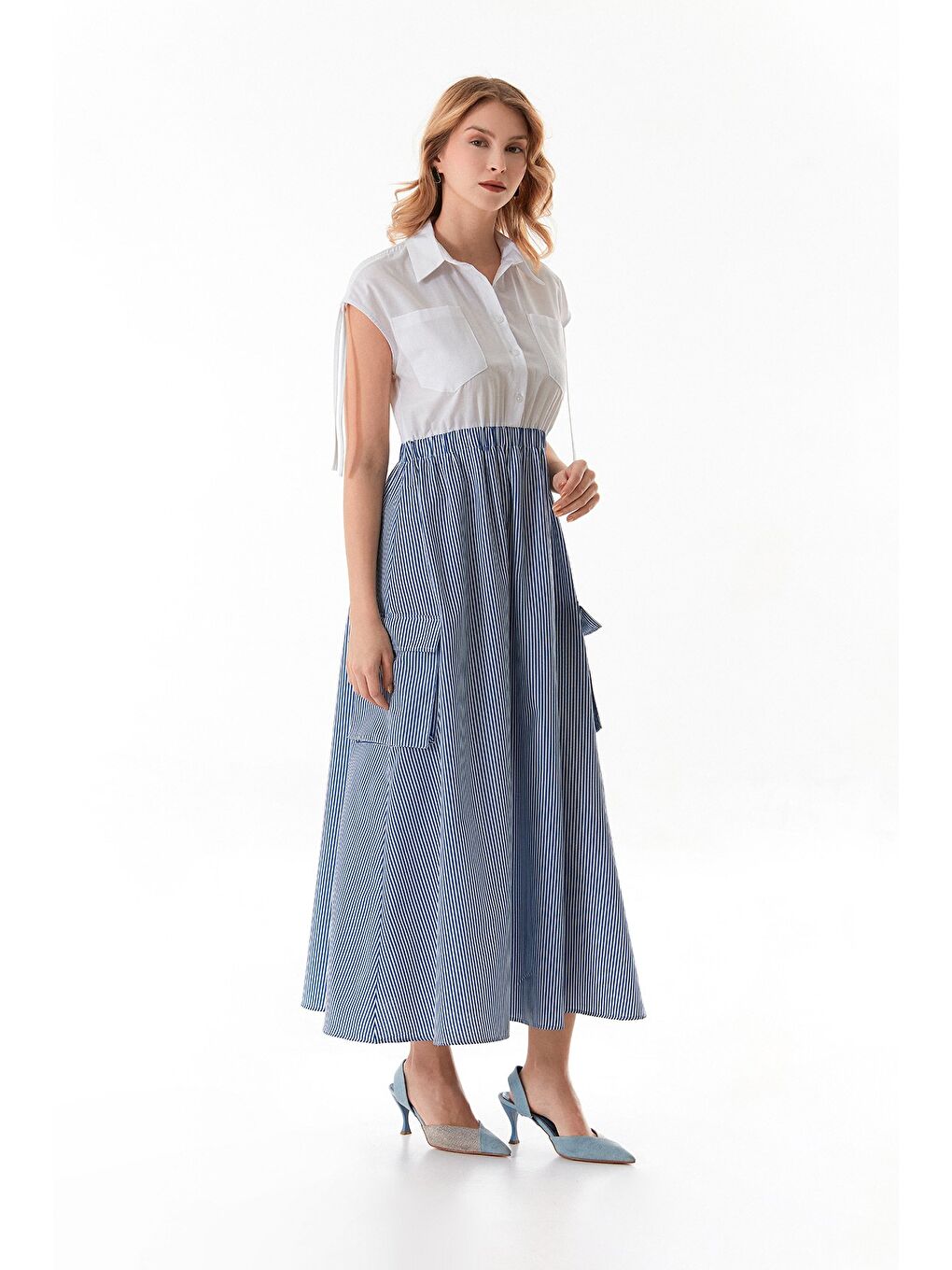 Mavi Çizgili Omzu Büzgülü Gömlek Elbise-4