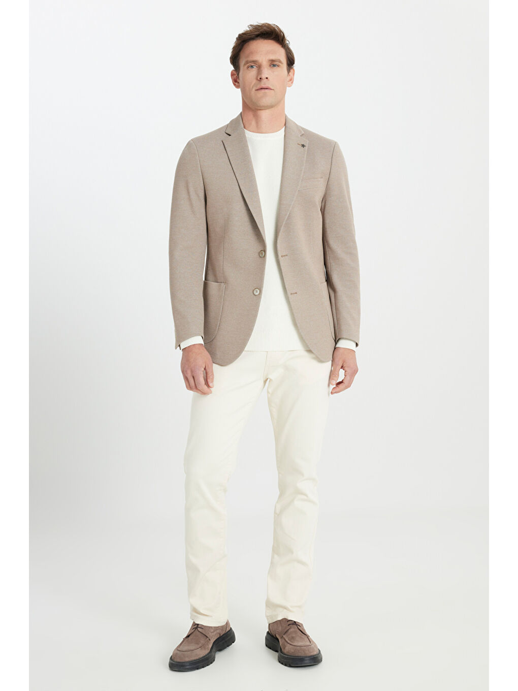 Erkek Bej Dar Kesim Mono Yaka Armürlü Torba Cepli Ceket-1