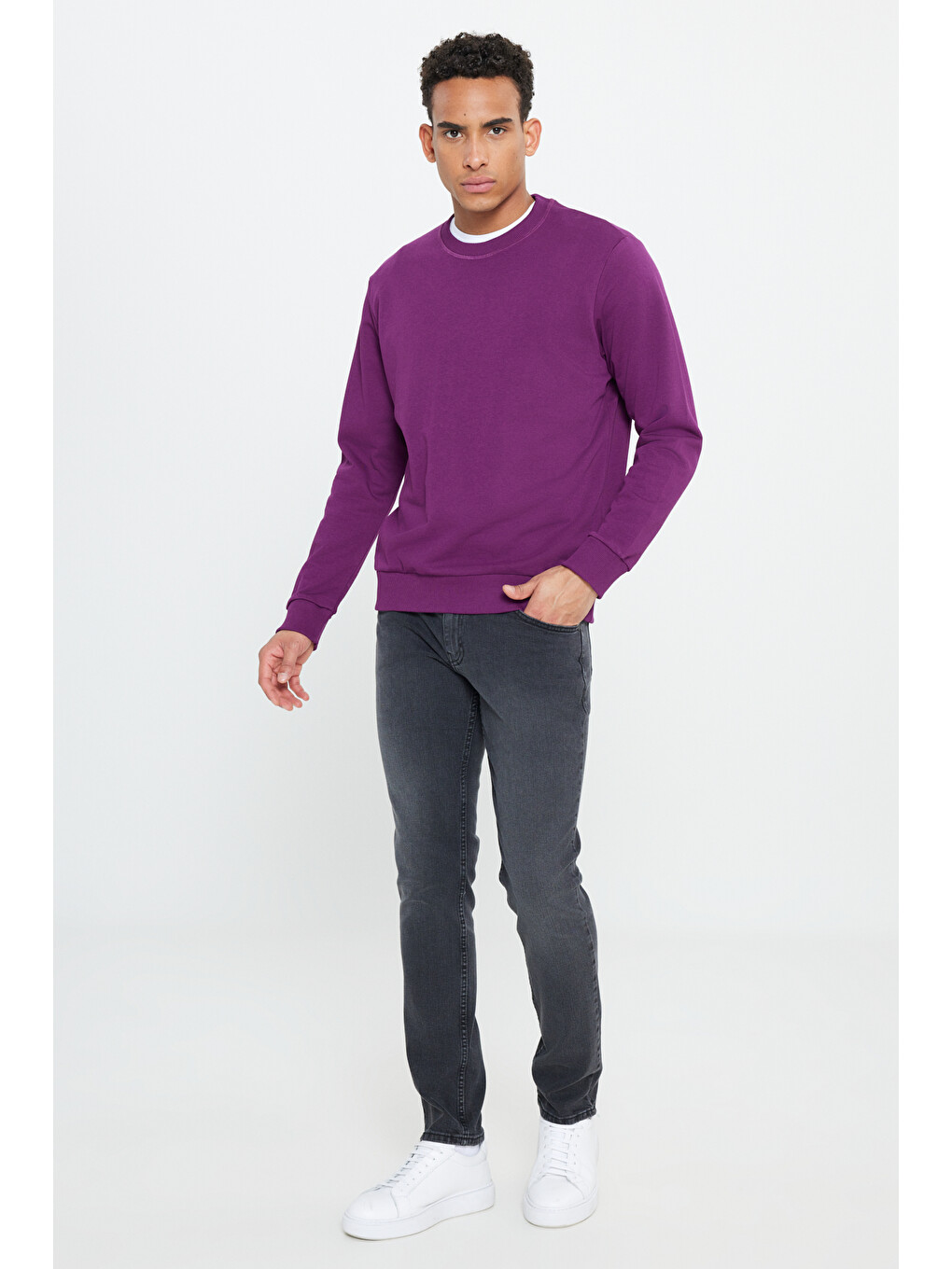 Erkek Koyu Mor Standart Fit Normal Kesim Bisiklet Yaka Pamuklu Sweatshirt-1