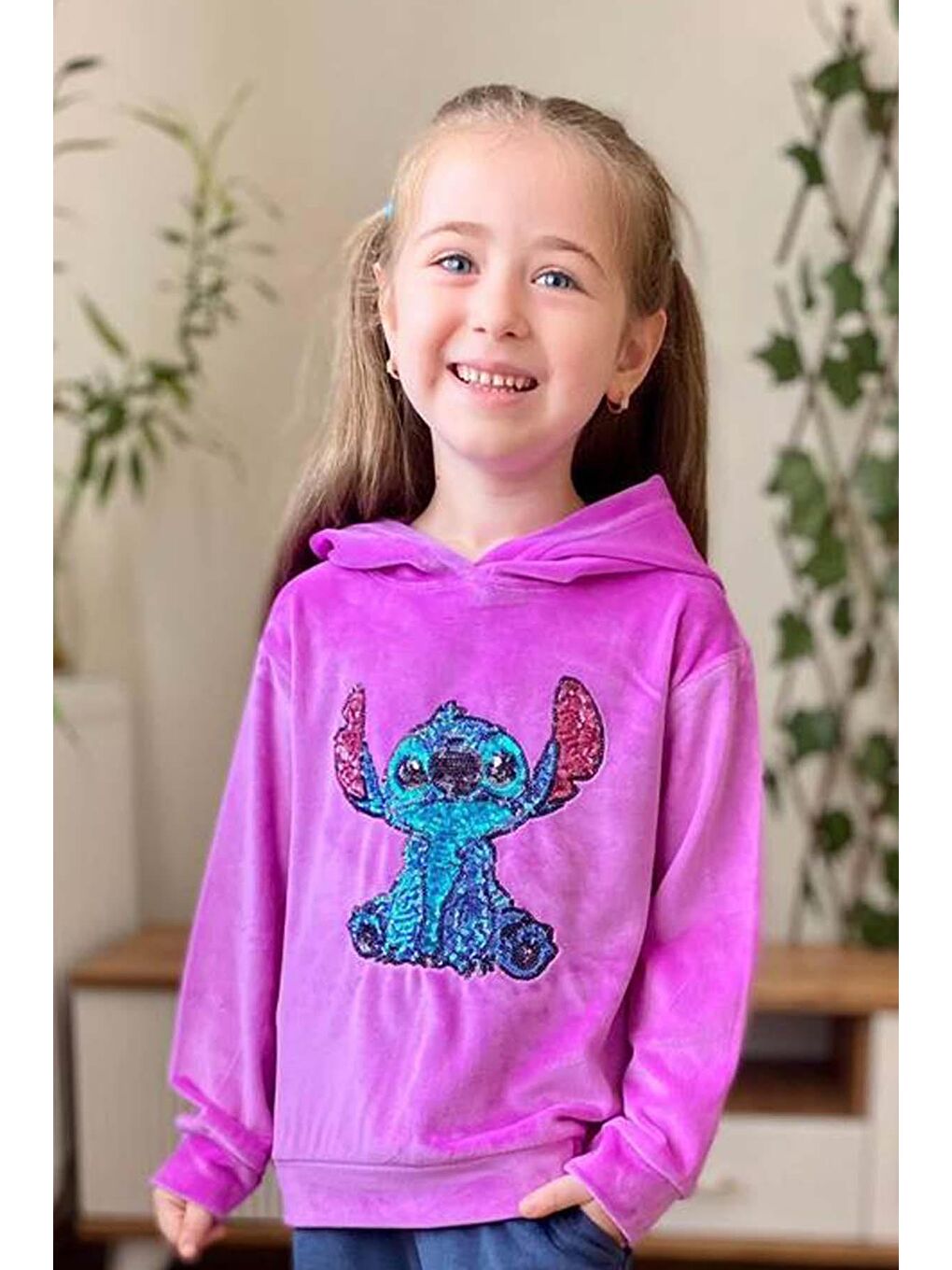 Kız Çocuk Stitch Karakter Baskılı Pullu Sweatshirt Mor Kadife Eşofman Takım-2