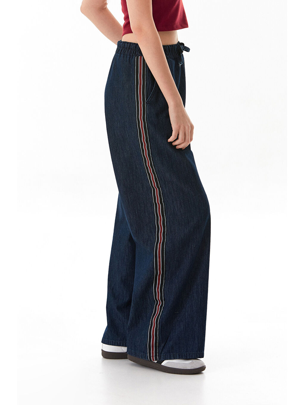 Lacivert Beli Bağlamalı Yanları Şeritli Wide Leg Jean-4