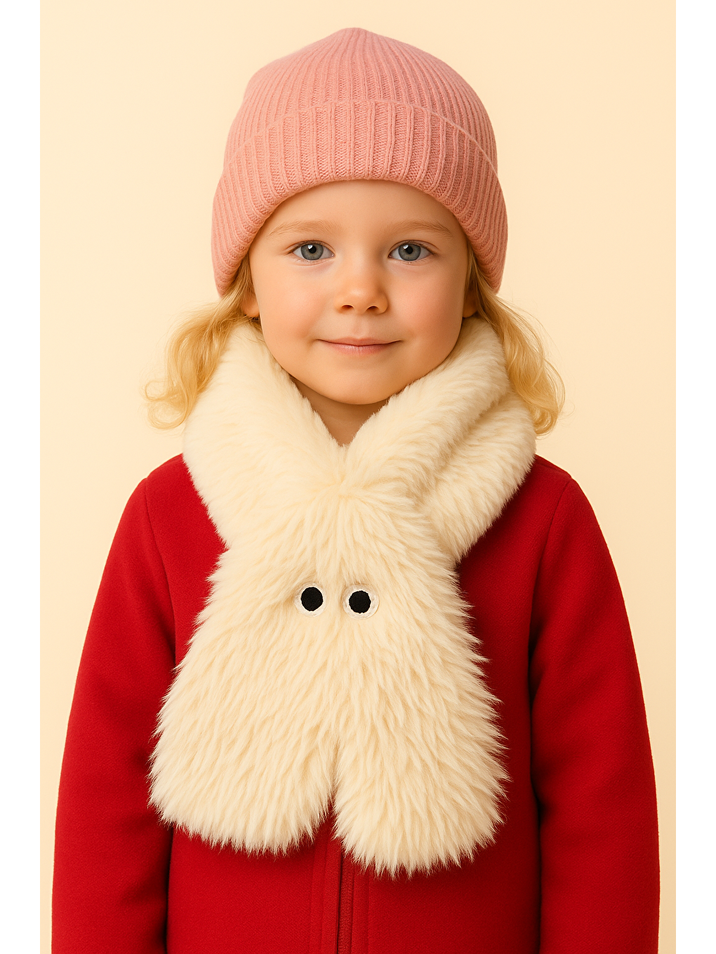 Göz Nakışlı Pelüş Atkı Beyaz