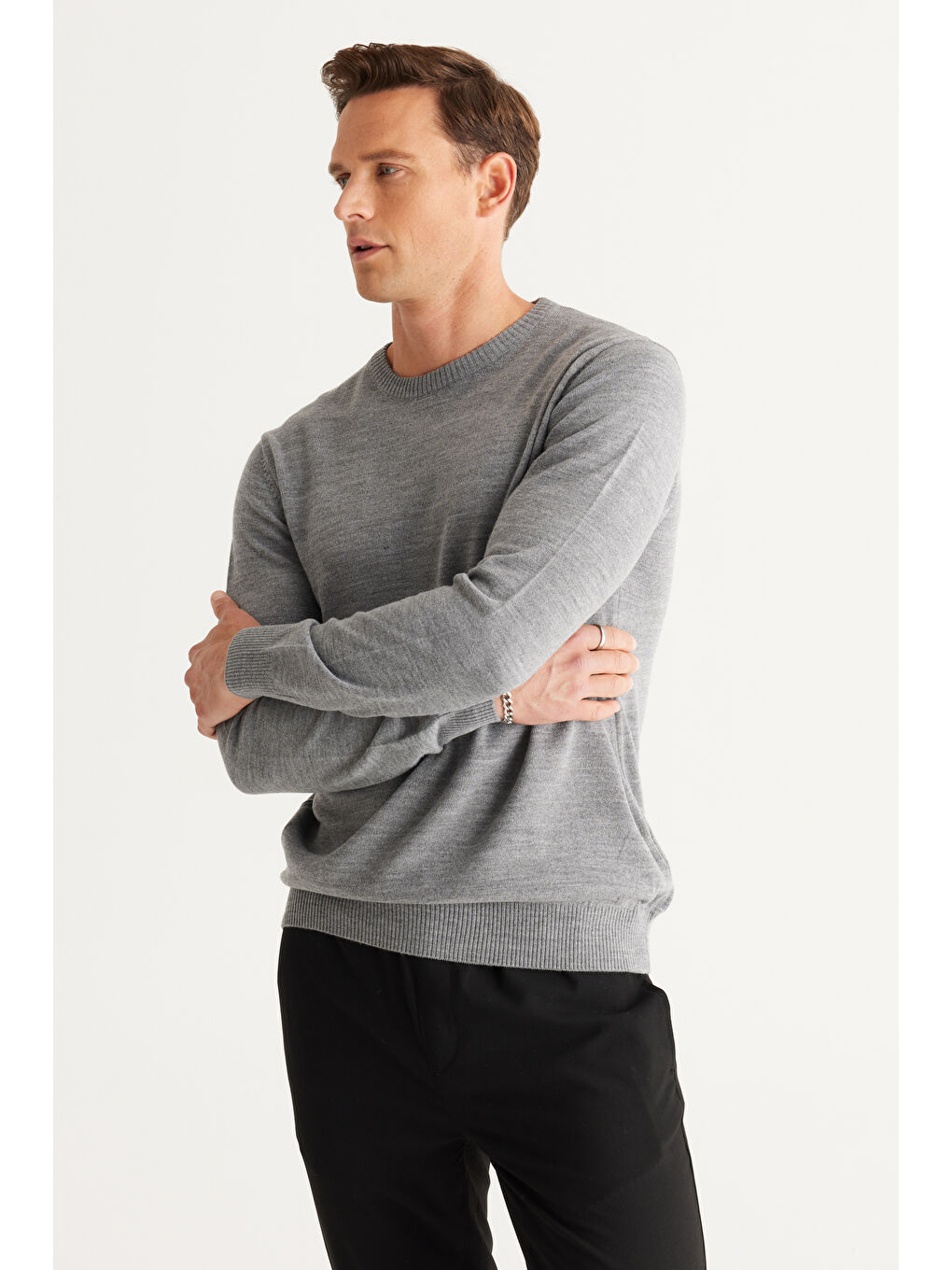 Erkek Gri Melanj Anti-Pilling Tüylenme Yapmayan Standart Fit Normal Kesim Bisiklet Yaka Triko Kazak-1