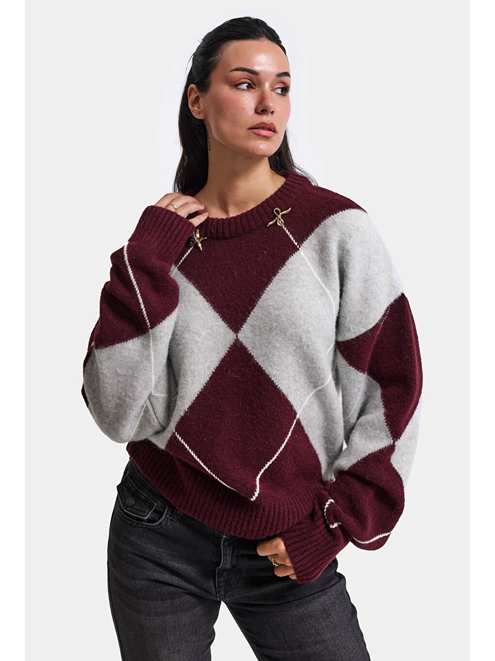 Kadın Bordo Gri W6-35 Oversize Baklava Desenli Aksesuar Detaylı Tasarım Triko Kazak-1
