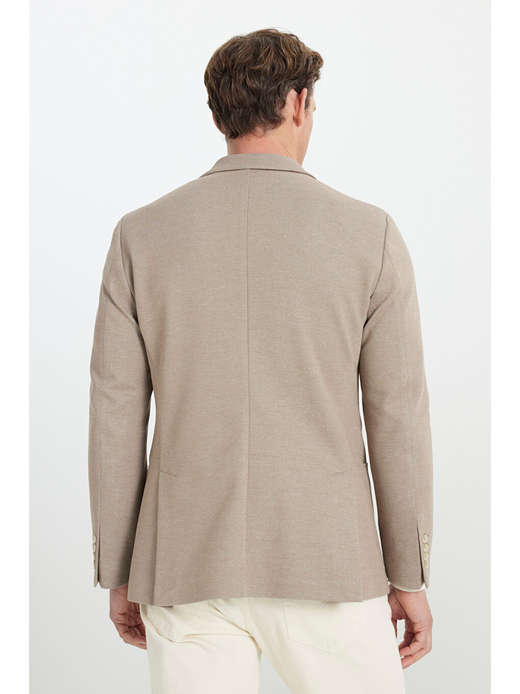 Erkek Bej Dar Kesim Mono Yaka Armürlü Torba Cepli Ceket-4