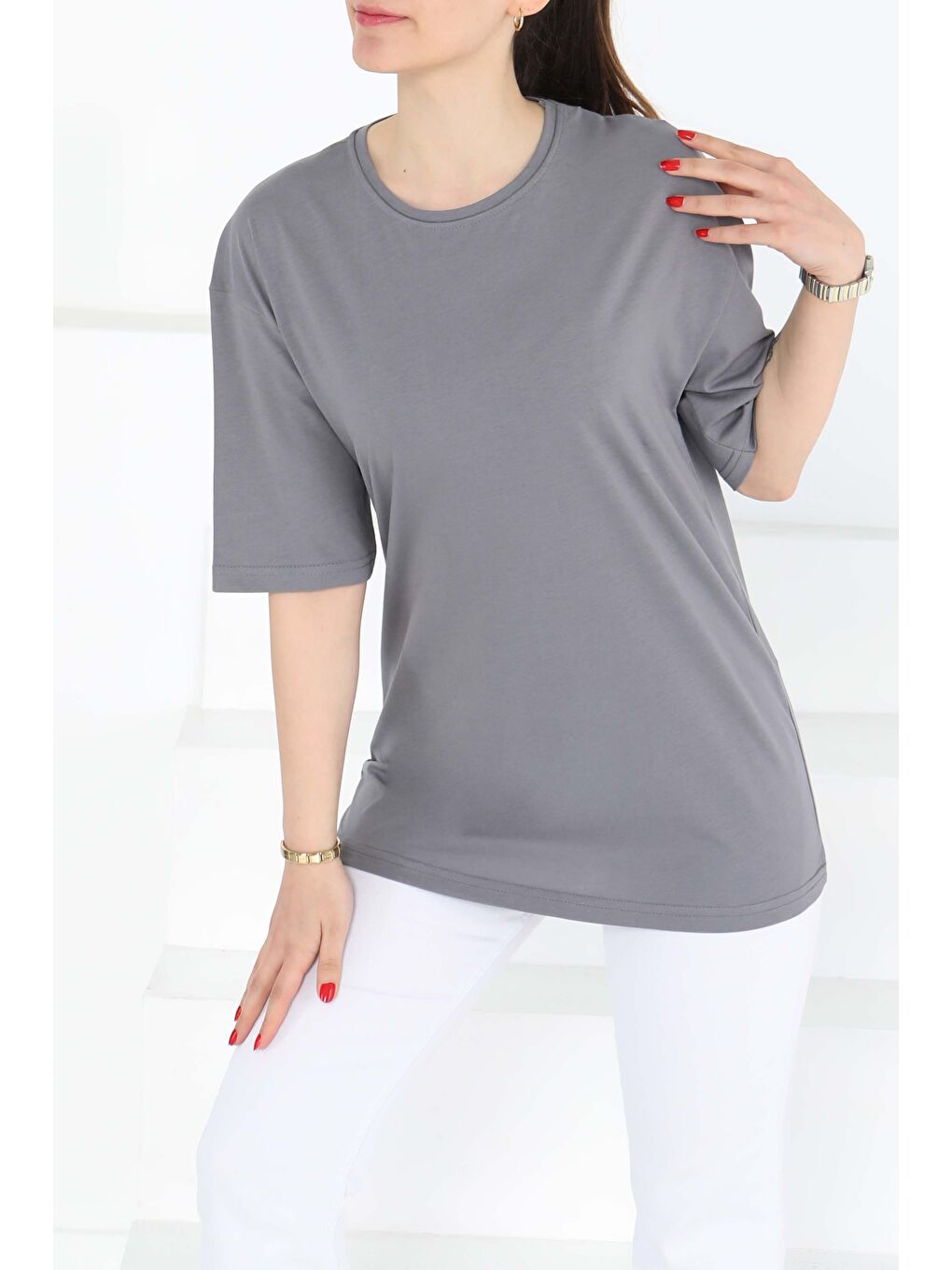 Oversize Kısa Kollu T-Şhirt Gri - 27118-1