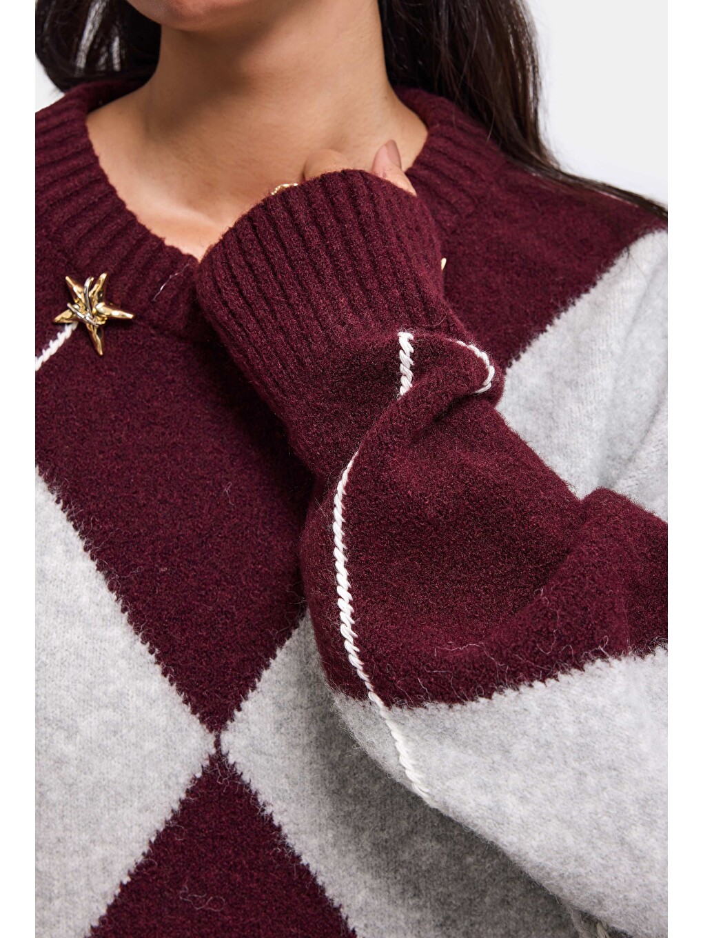 Kadın Bordo Gri W6-35 Oversize Baklava Desenli Aksesuar Detaylı Tasarım Triko Kazak-2