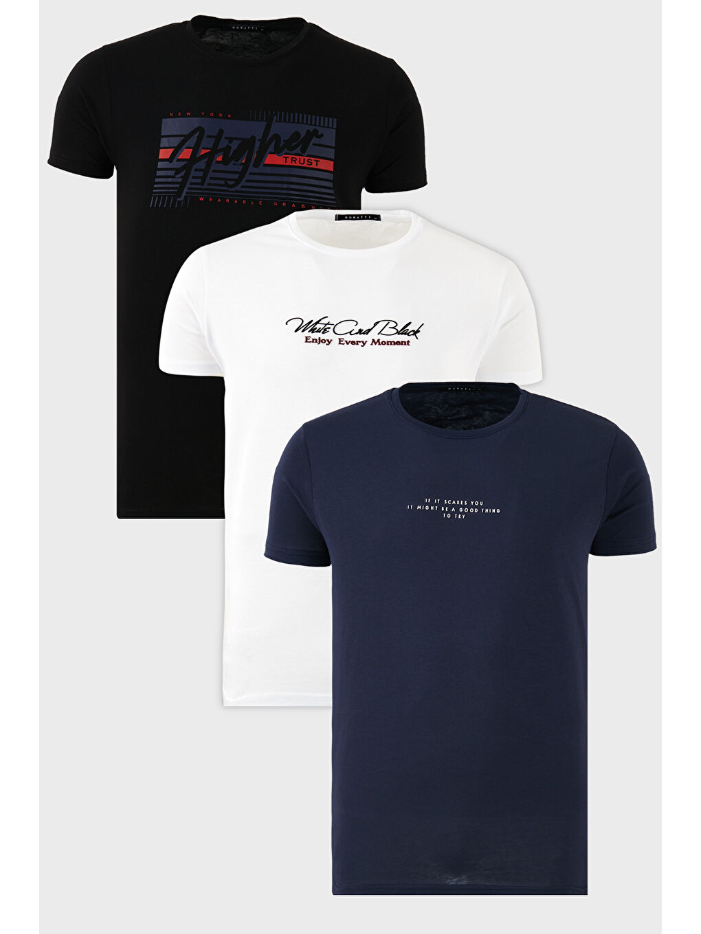 Lacivert Pamuklu Slim Fit Bisiklet Yaka Baskılı 3'lü Paket Tişört 541S31