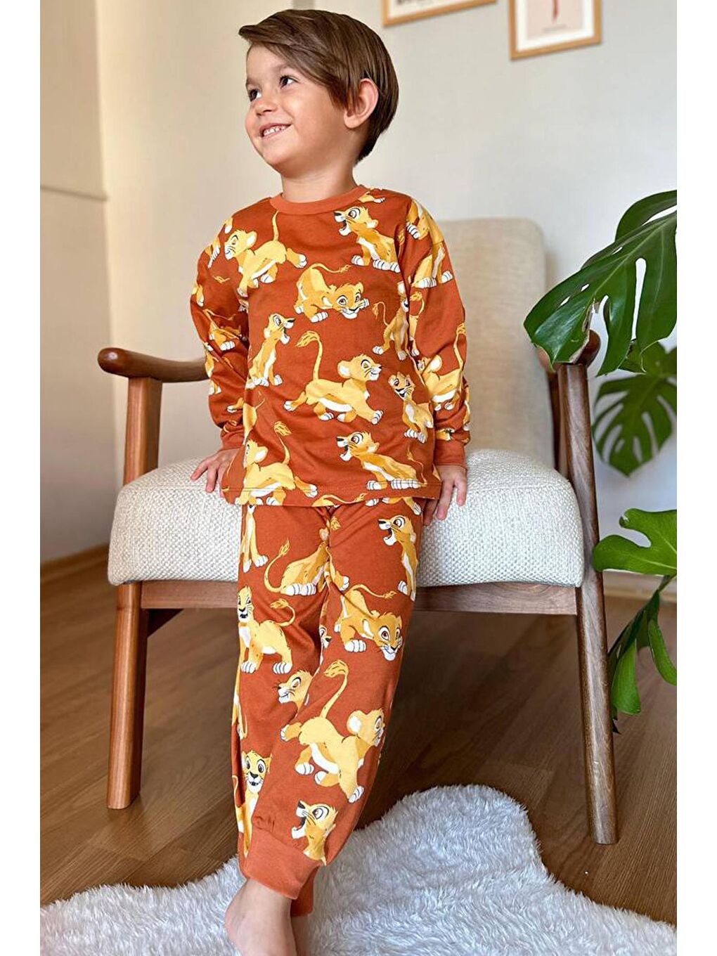 Kahverengi Erkek Çocuk Aslan Kral Baskılı Penye Kiremit Pijama Takım
