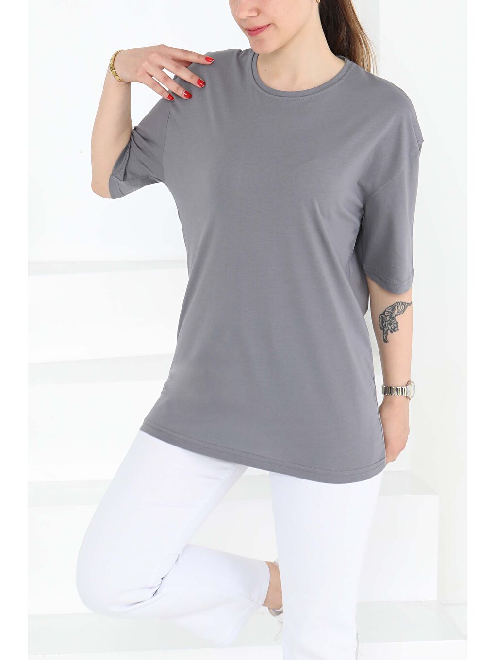 Oversize Kısa Kollu T-Şhirt Gri - 27118-3
