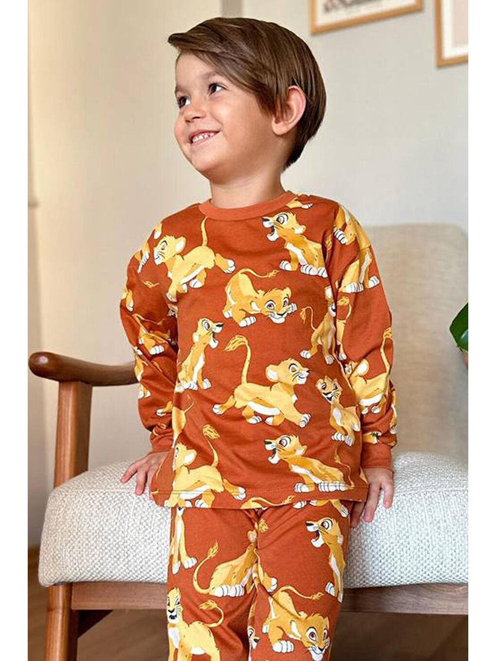 Kahverengi Erkek Çocuk Aslan Kral Baskılı Penye Kiremit Pijama Takım-1
