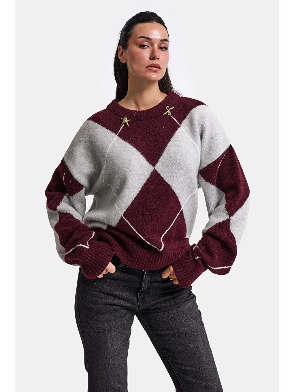 Kadın Bordo Gri W6-35 Oversize Baklava Desenli Aksesuar Detaylı Tasarım Triko Kazak-3