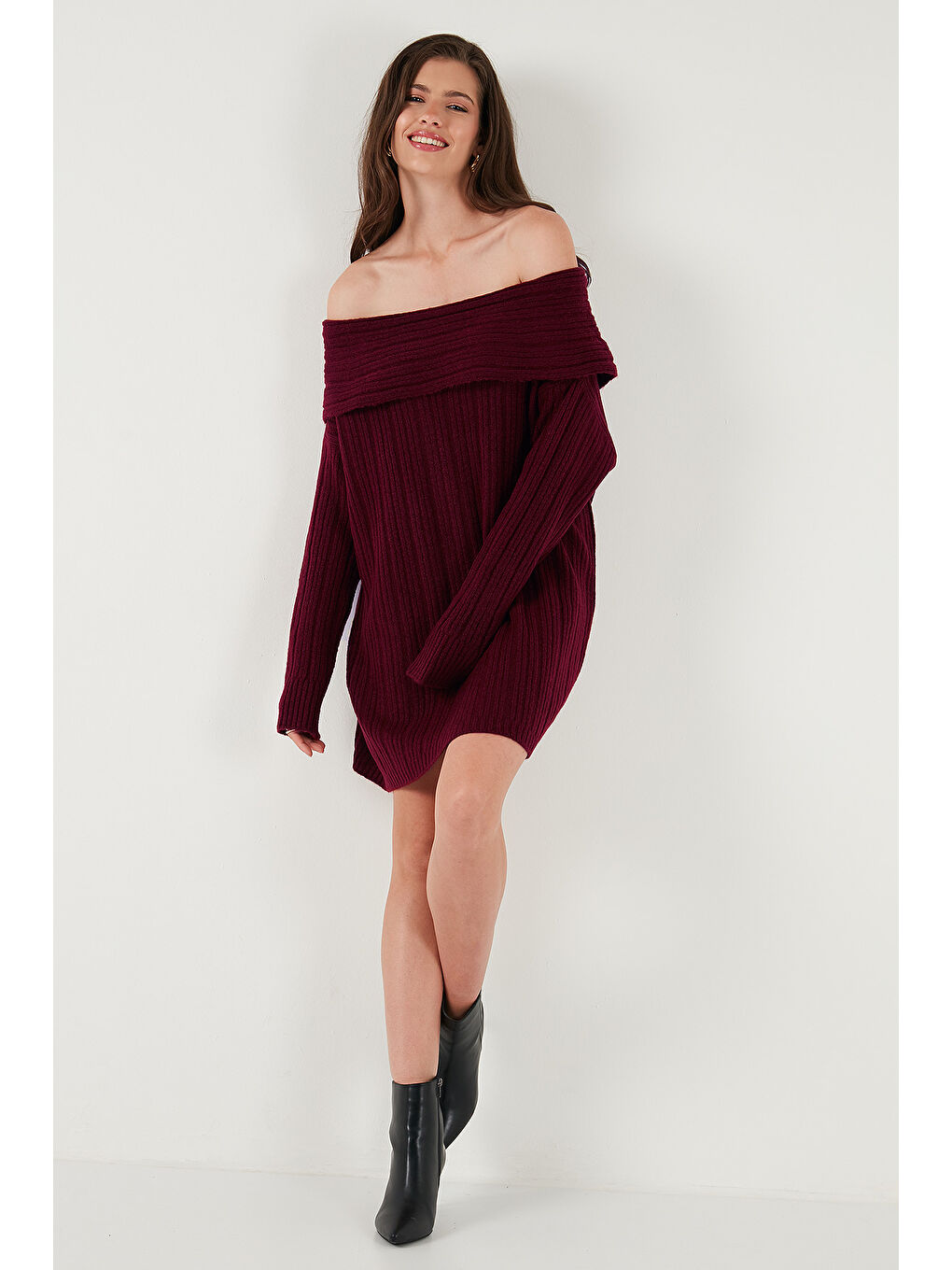 Bordo Oversize Fit Kayık Yaka Uzun Kollu Mini Triko Kadın Elbise 4615218-2