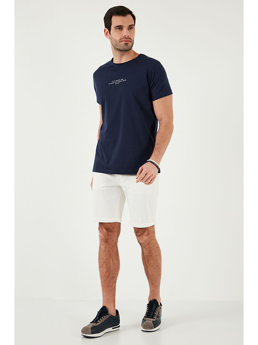 Lacivert Pamuklu Slim Fit Bisiklet Yaka Baskılı 3'lü Paket Tişört 541S31-4