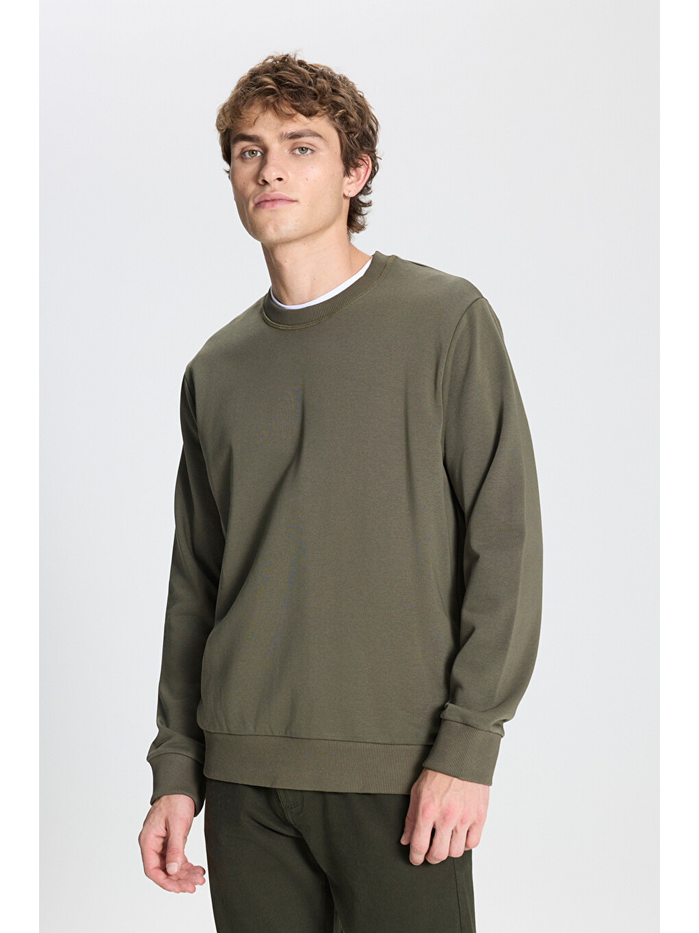 Erkek Haki Standart Fit Normal Kesim Bisiklet Yaka Pamuklu Sweatshirt