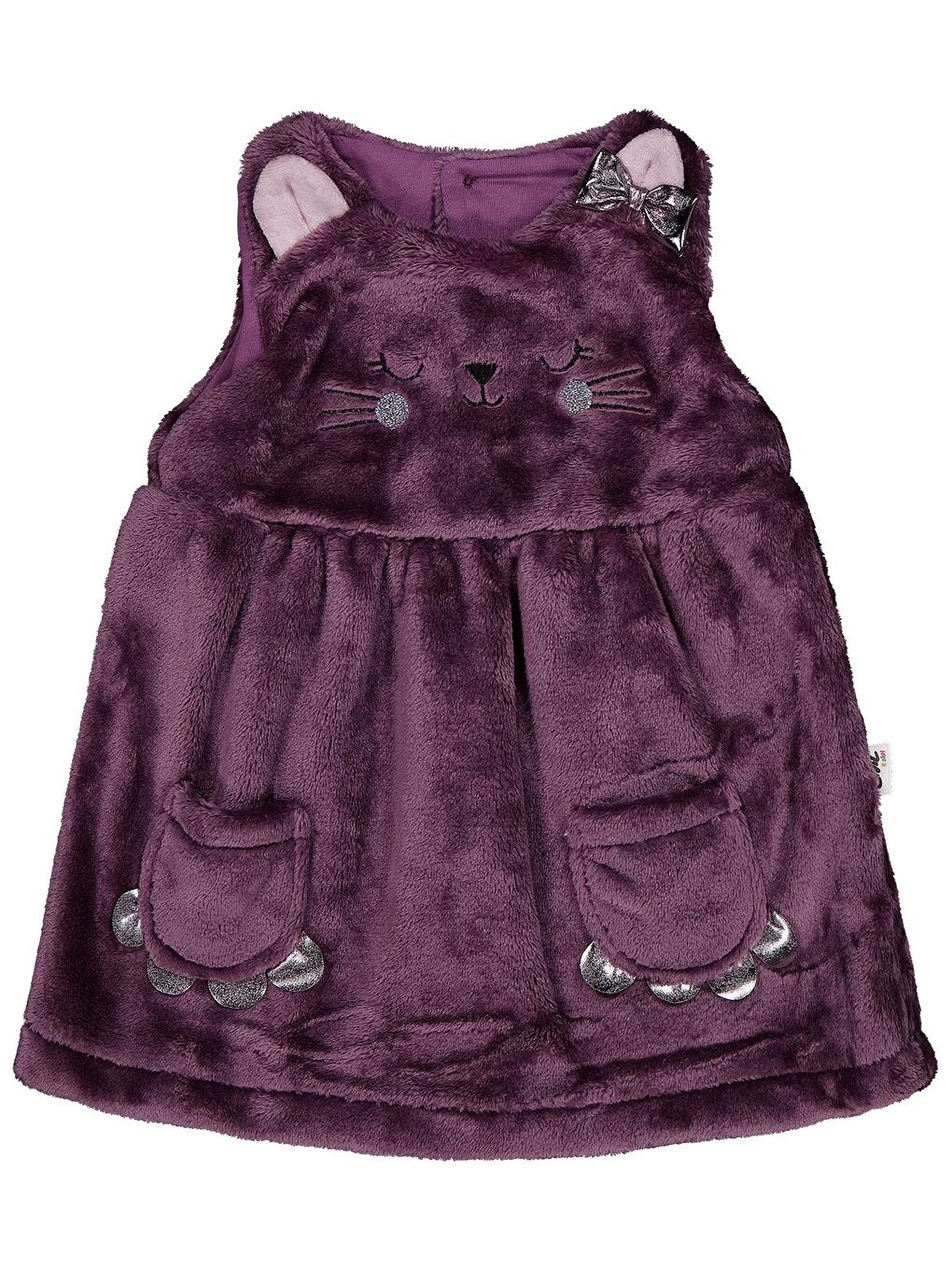 Pembe Baby Cep Detaylı Kedi Nakışlı 6-18 Ay Elbise - Lila 18-24 Ay