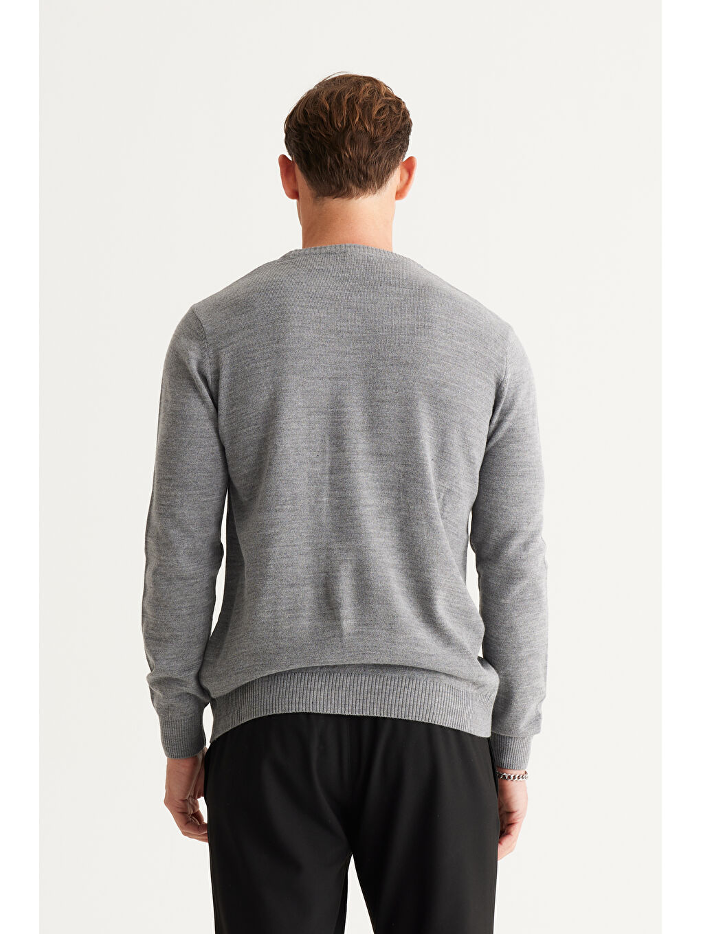 Erkek Gri Melanj Anti-Pilling Tüylenme Yapmayan Standart Fit Normal Kesim Bisiklet Yaka Triko Kazak-5