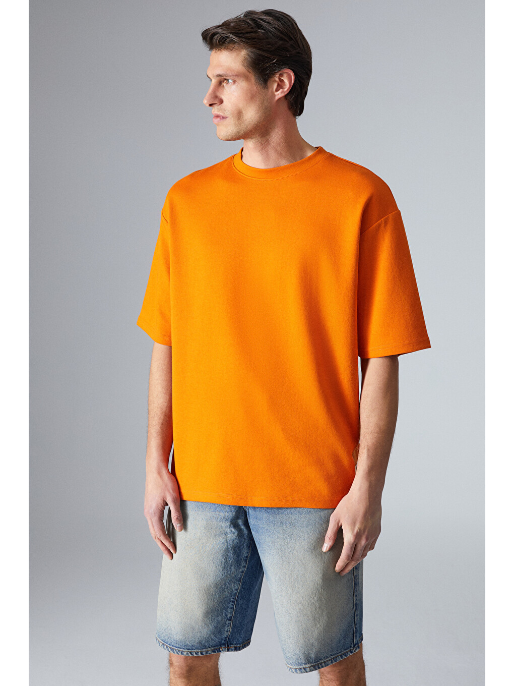 Turuncu JOEL Erkek %100 Organik Pamuklu Kalın Kumaşlı Özel Dokulu Etiket Detaylı Oversize TURUNCU T-Shirt-4