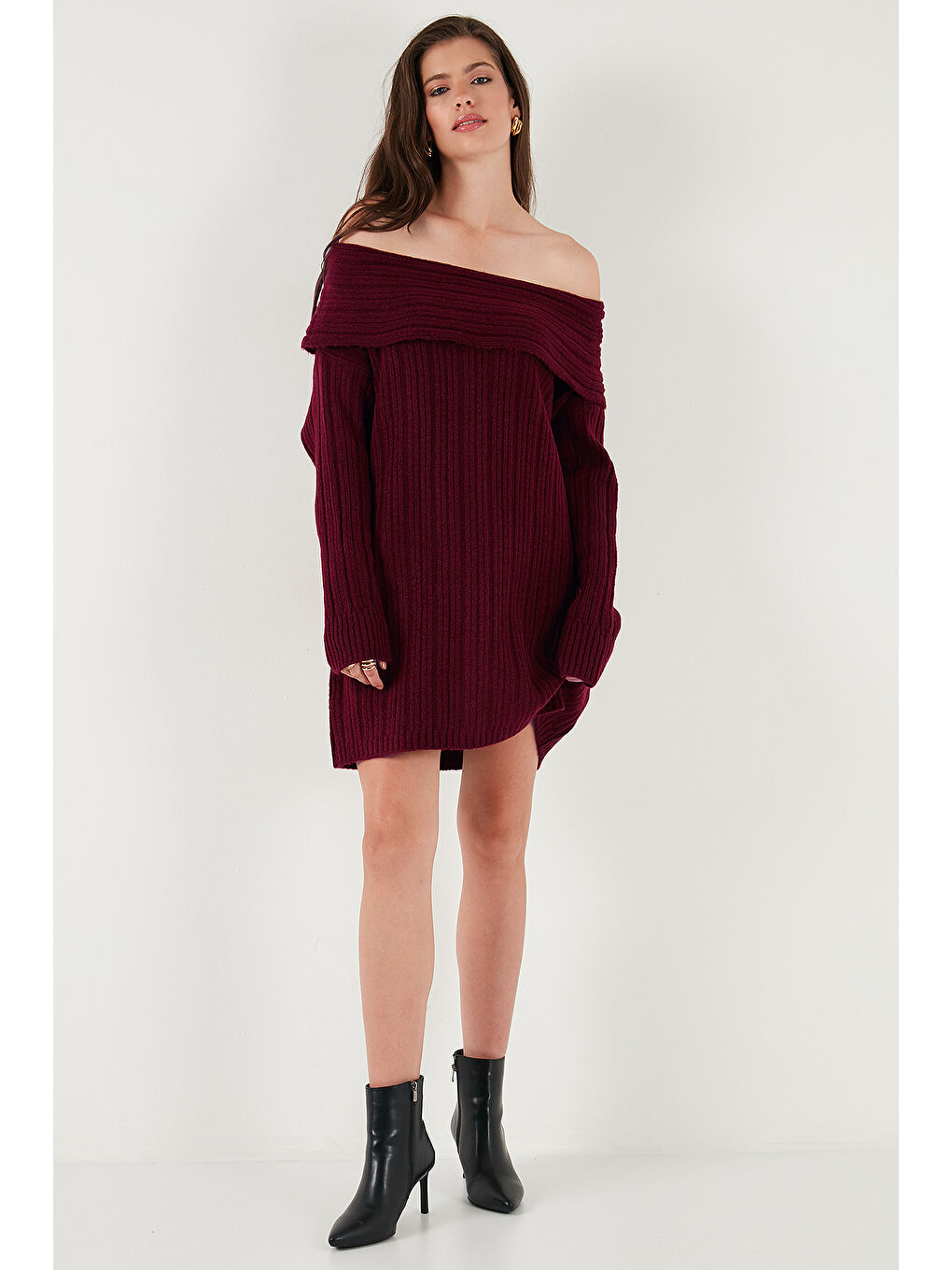 Bordo Oversize Fit Kayık Yaka Uzun Kollu Mini Triko Kadın Elbise 4615218-3
