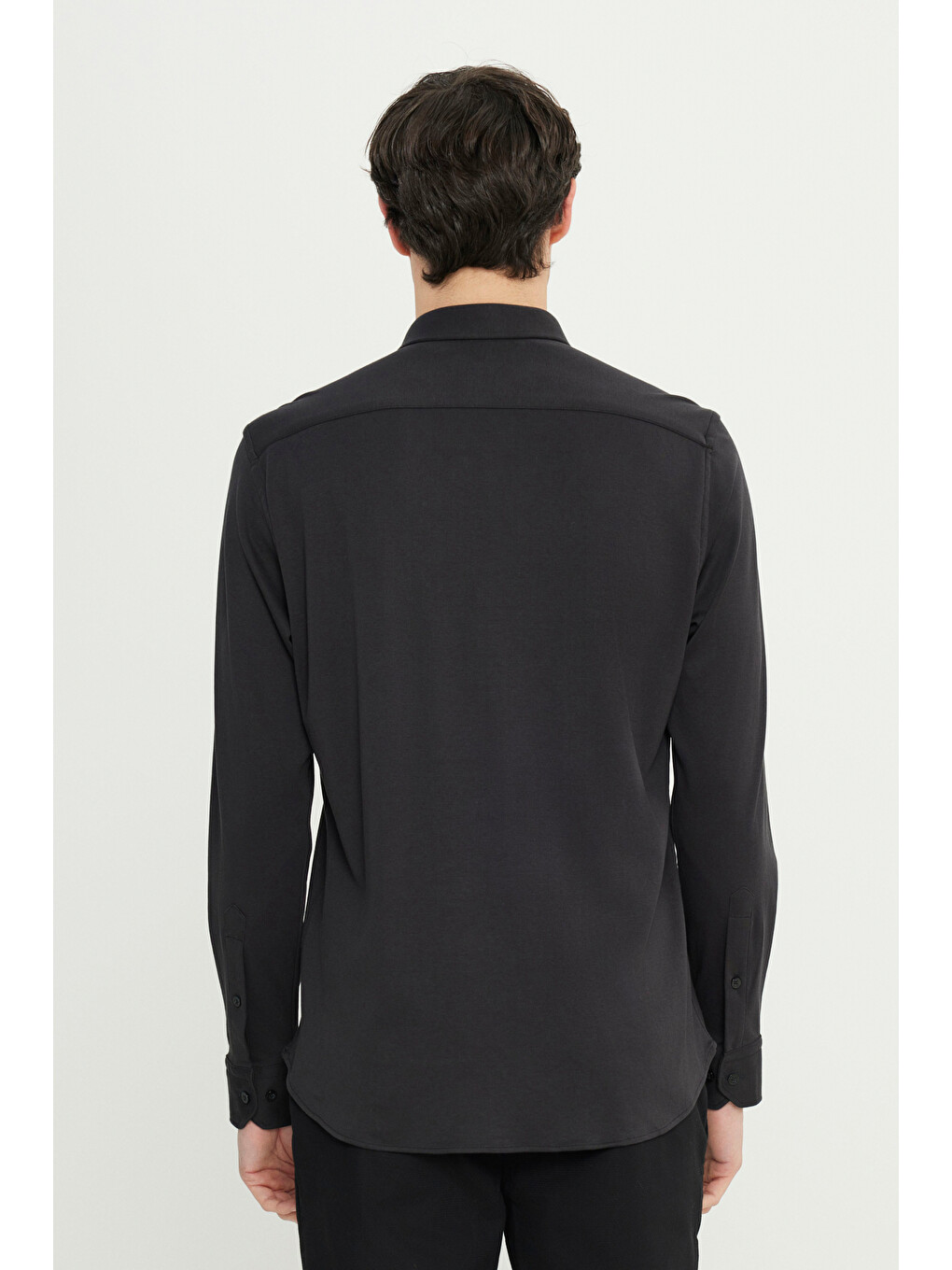 Erkek Siyah %100 Pamuk Slim Fit Dar Kesim Düğmeli Yaka Örme Gömlek-4