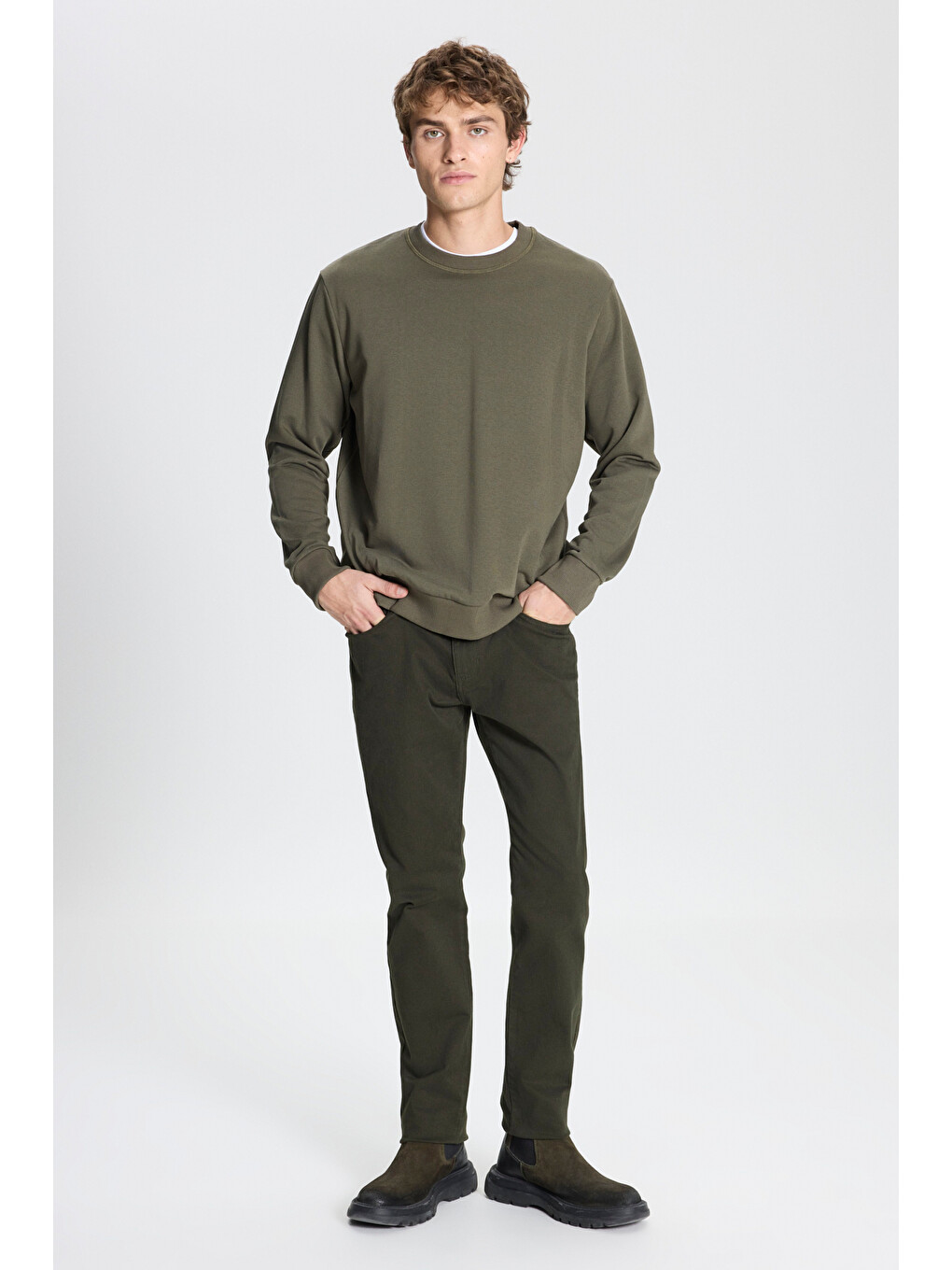Erkek Haki Standart Fit Normal Kesim Bisiklet Yaka Pamuklu Sweatshirt-1